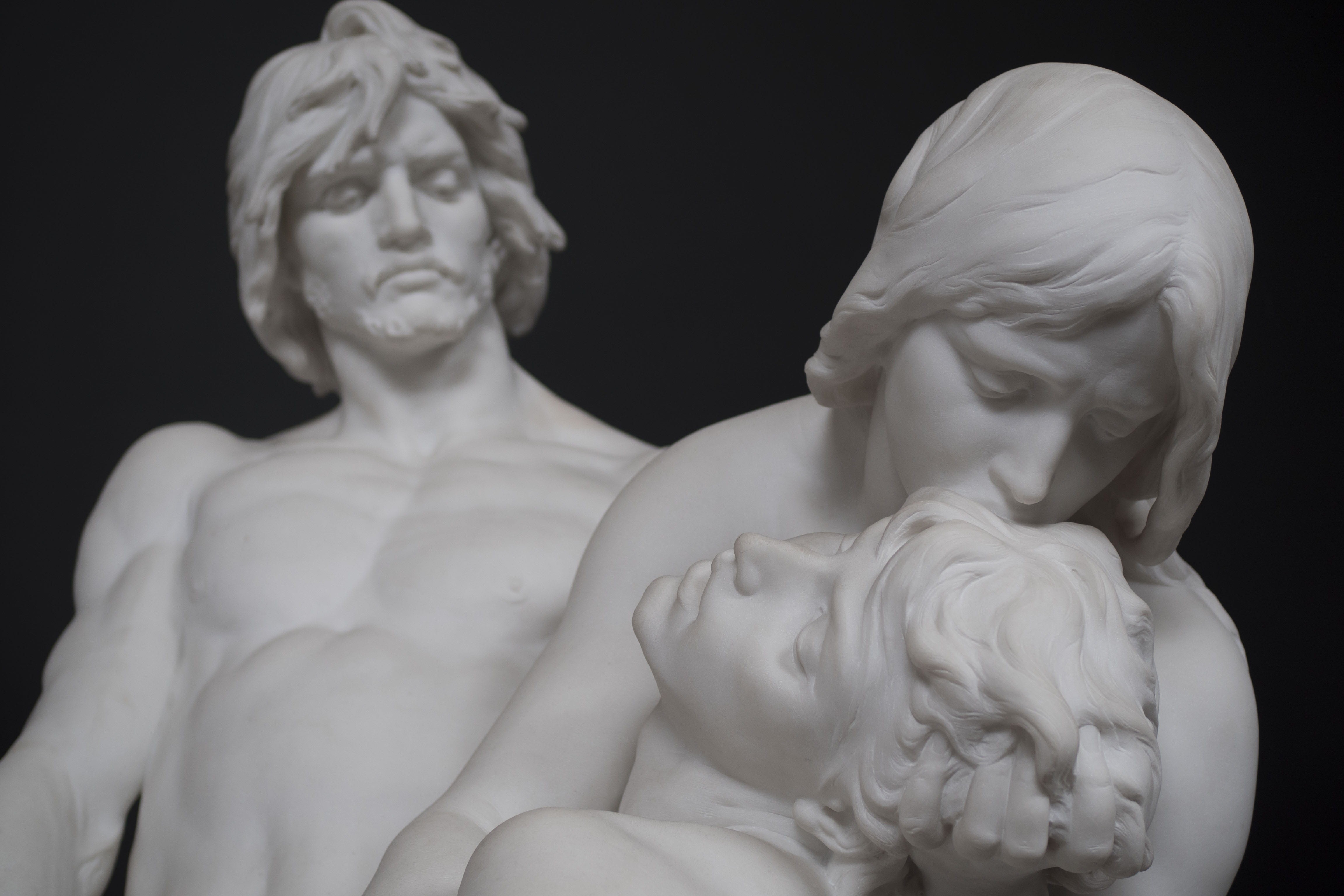 history, adam, man, 4K, eve, female likeness, black background, human representation, museum, art, antique, marble, statue, angel, representation, stone, HD Wallpaper