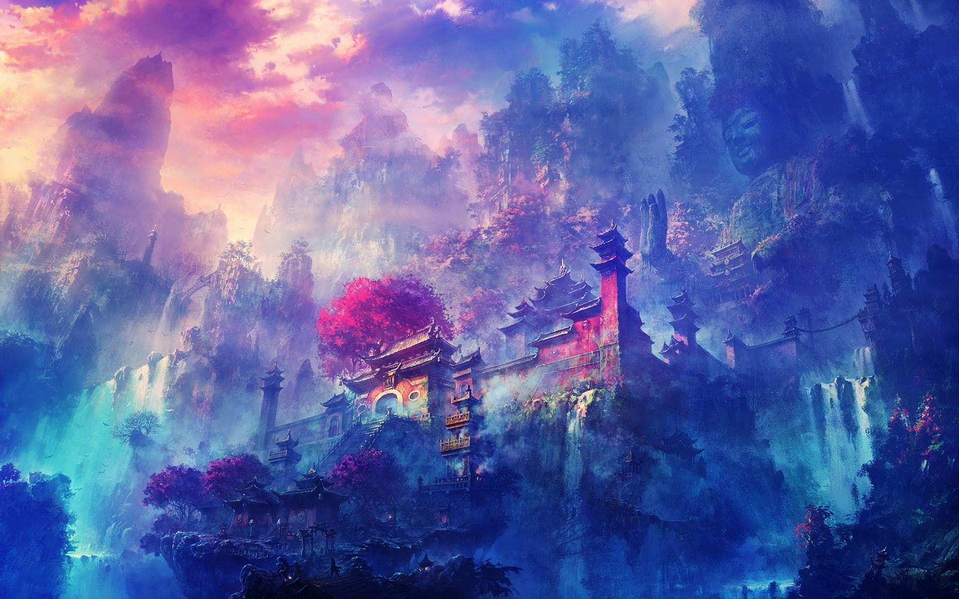 asian, fantasy, painted, 1080P, hd, buildings, red, fanart, yellow, purple, temple, HD Wallpaper