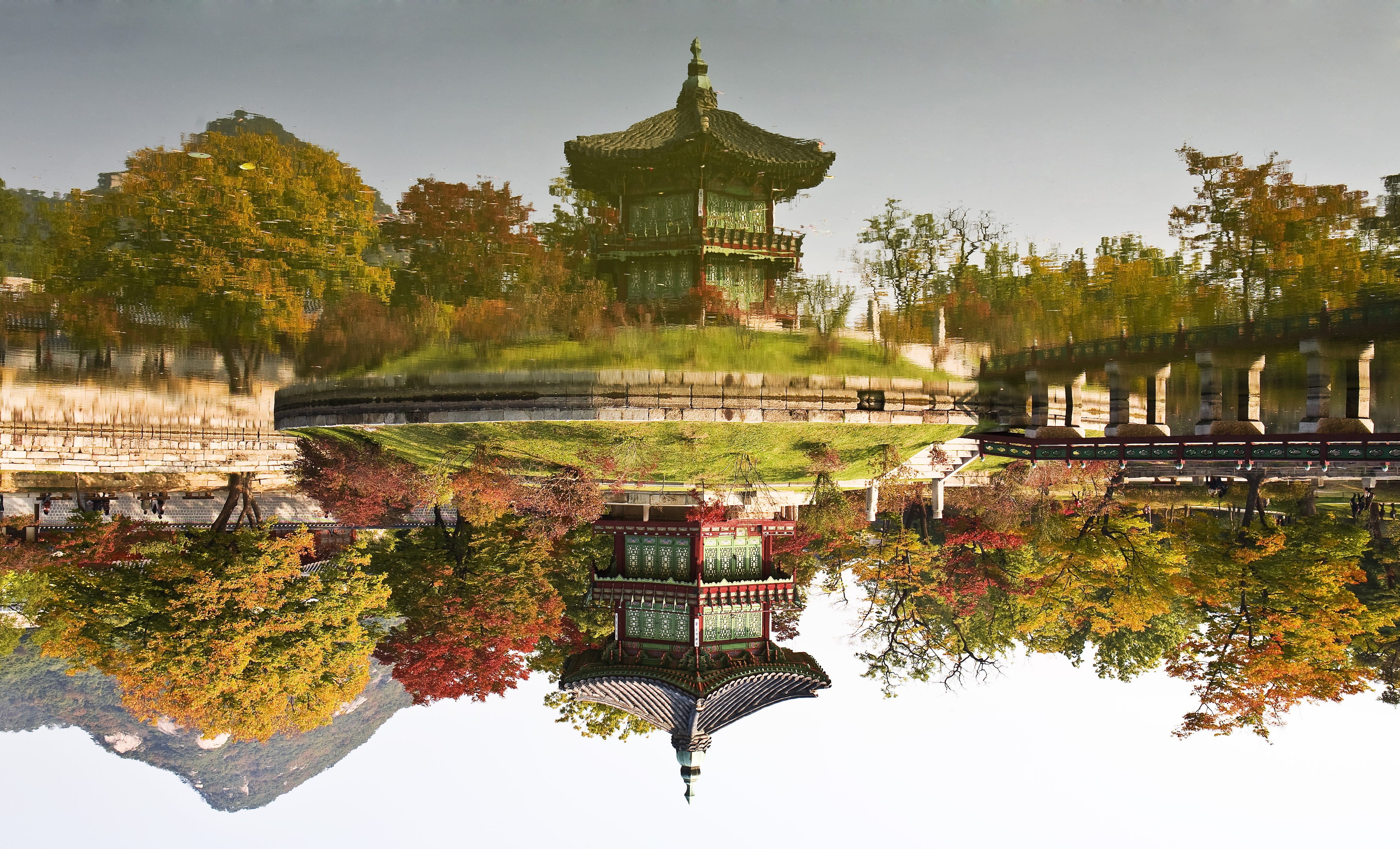 cultural property, traditional, red, republic of korea, classic, sky, waterfront, forbidden city, the past, building, gyeonghoeru, palace, autumn leaves, HD Wallpaper