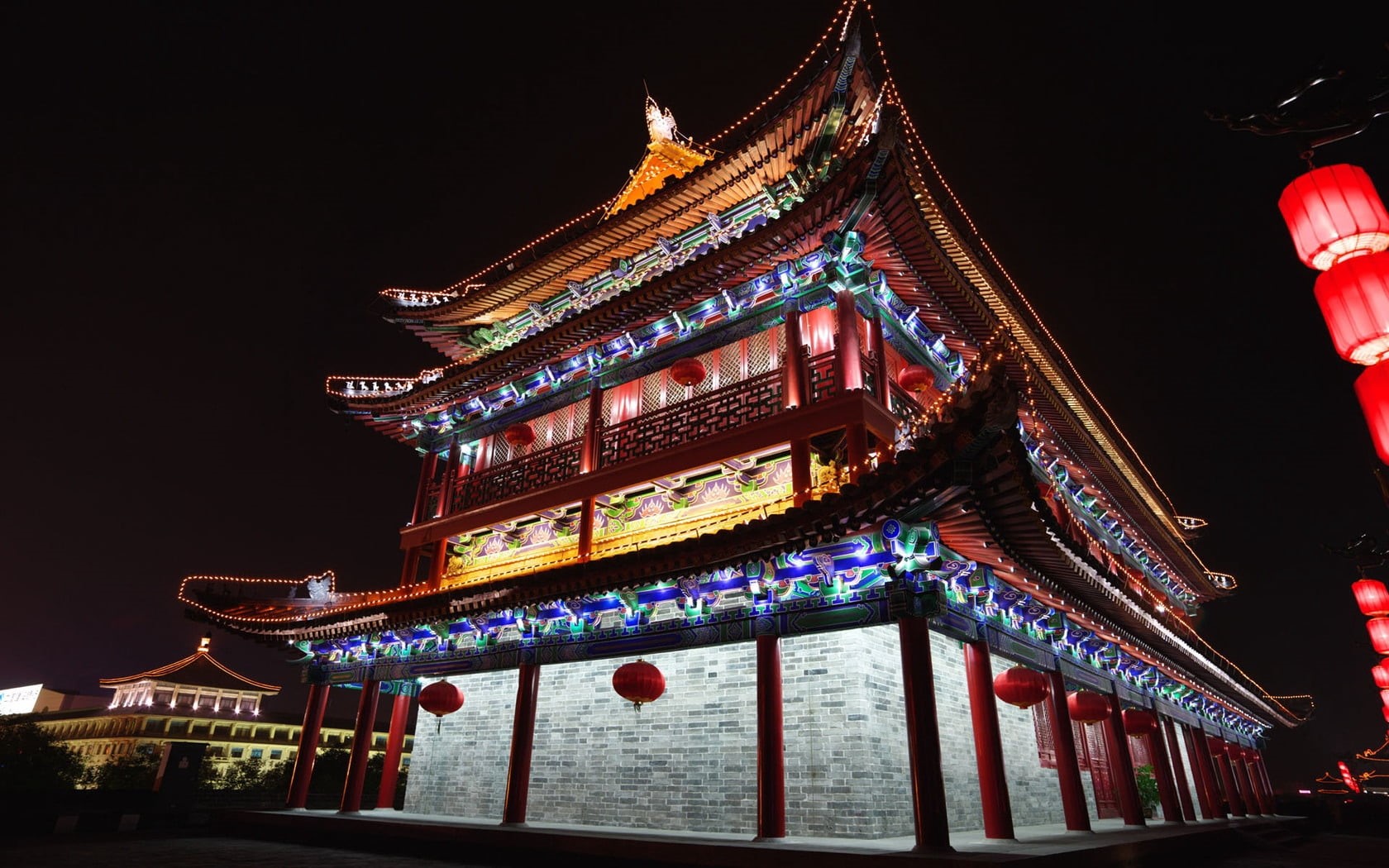 tourism, roof, outdoors, building Exterior, ancient, pagoda, night, no people, lighting equipment, gate, cultures, famous Place, travel Destinations, decoration, HD Wallpaper