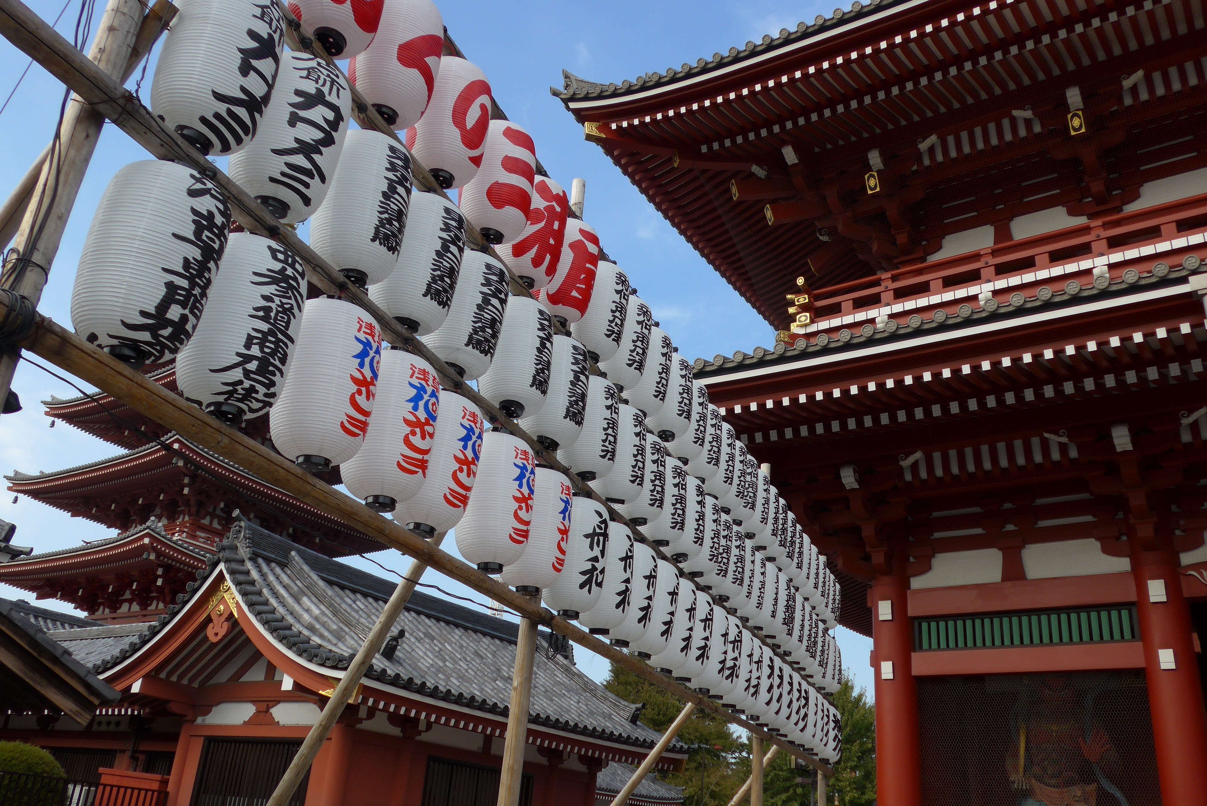 4K, script, tourism, roof, non-western script, sky, built structure, no people, architecture, senso-ji temple, place of worship, text, belief, asakusa, HD Wallpaper