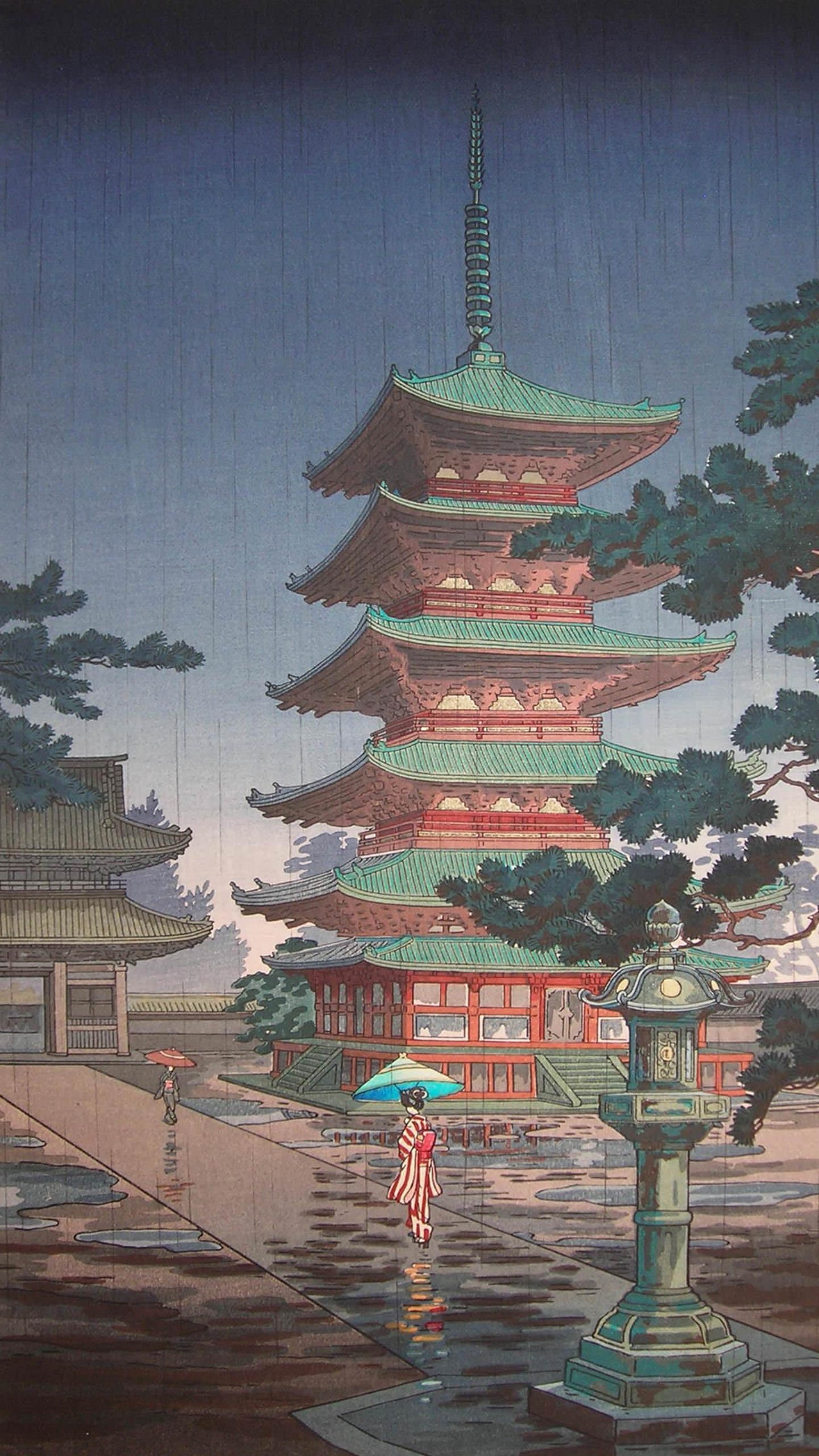 trees, Japanese Art, 2K, temple, painting, Phone HD Wallpaper