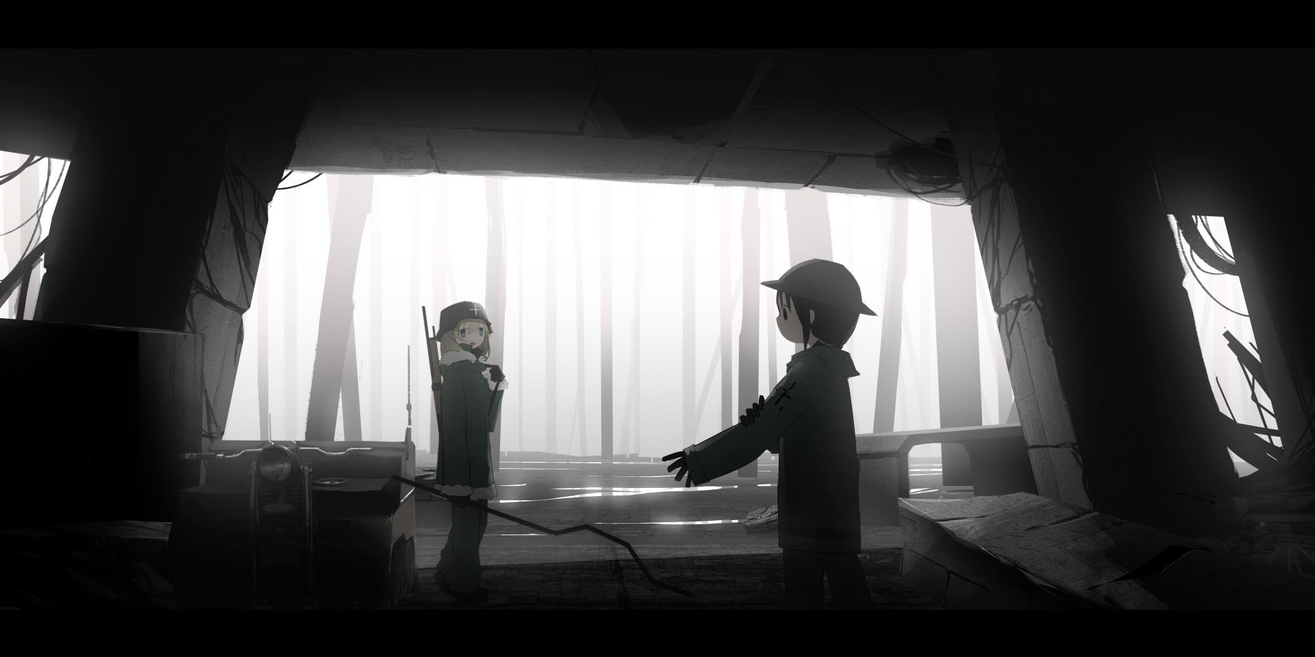 curtain, Anime, child, window, real people, two people, boys, indoors, 1080P, day, men, childhood, Chito (Girls Last Tour), females, people, side view, HD Wallpaper