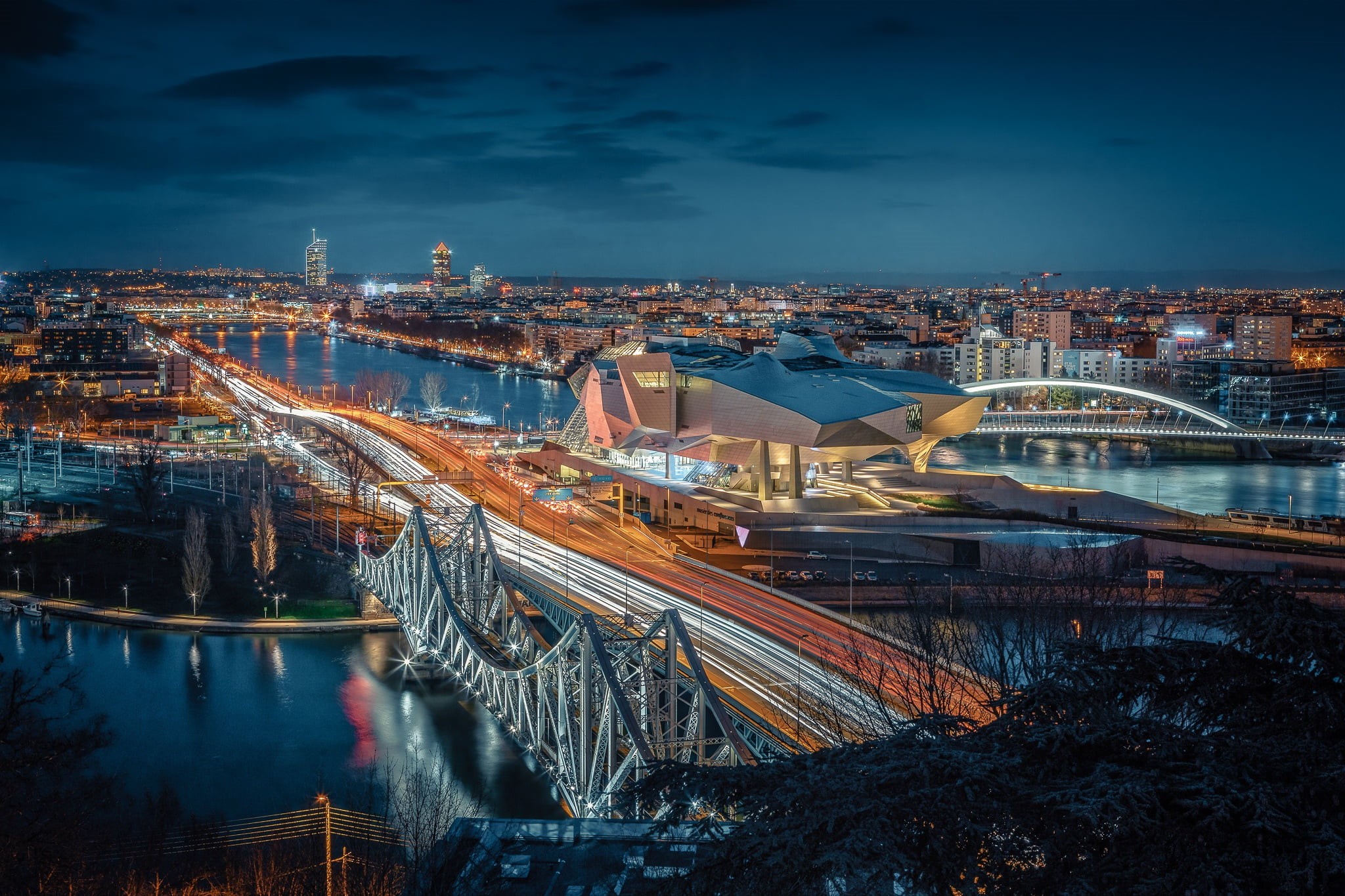 France, lights, Lyon, 1080P, the evening, Museum merger, HD Wallpaper