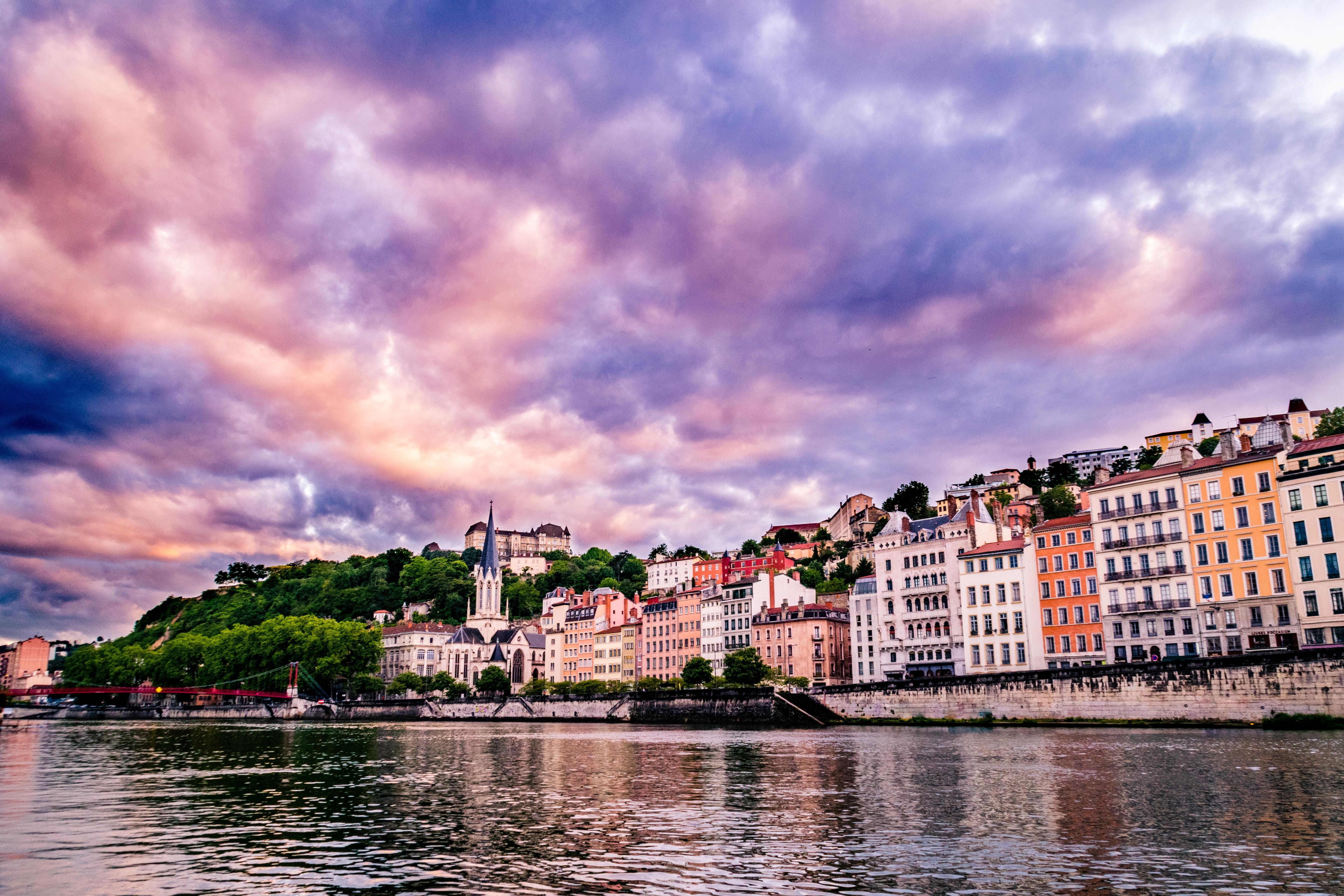 outdoors, impressionnist, dusk, sky, clouds, view, france, building exterior, residential district, saone, vieux lyon, no people, hill, cloud - sky, city, HD Wallpaper