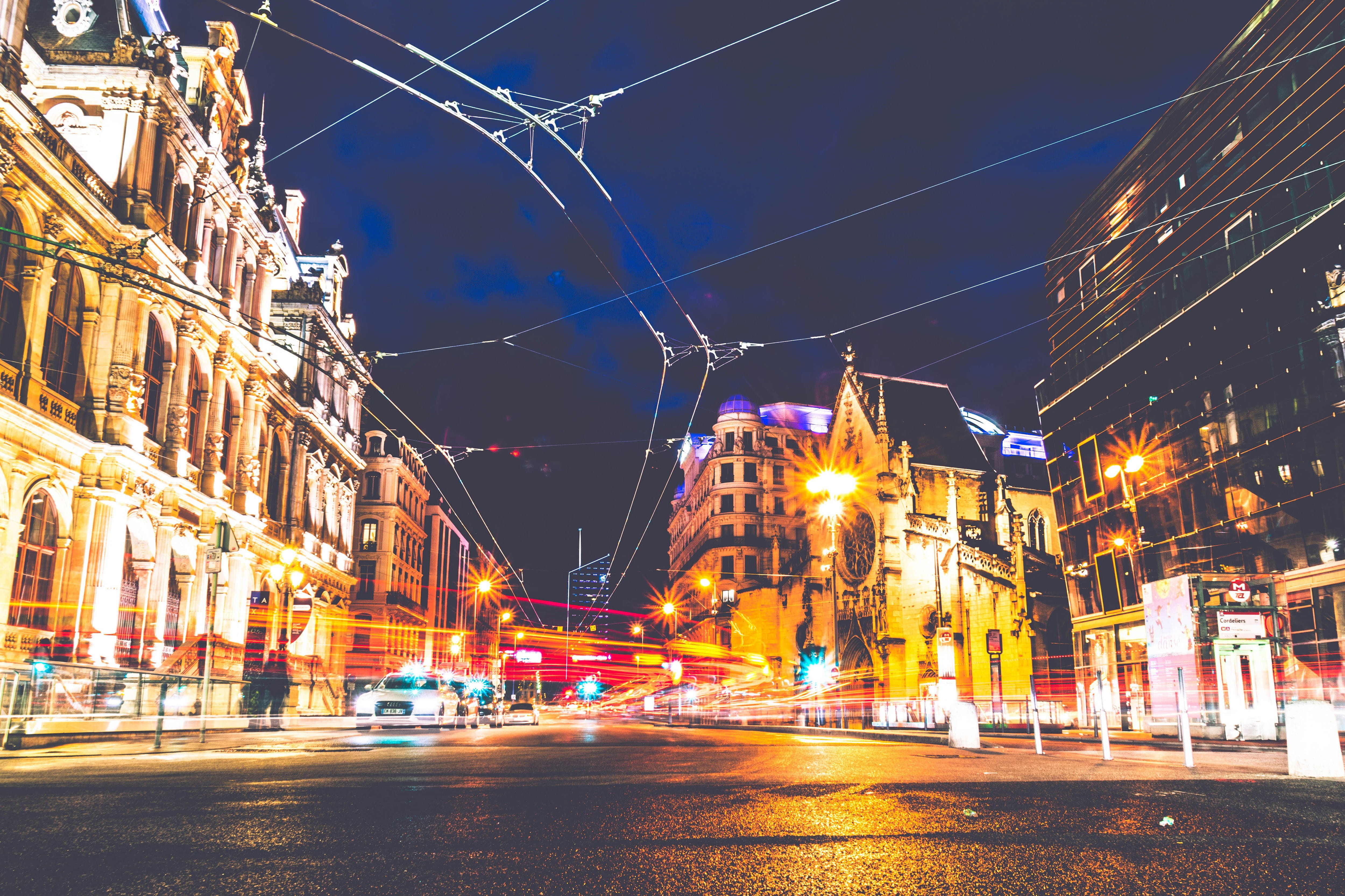 road, night, architecture, building exterior, electricity, lyon, motion, no people, built structure, sky, residential district, outdoors, light trail, transportation, HD Wallpaper