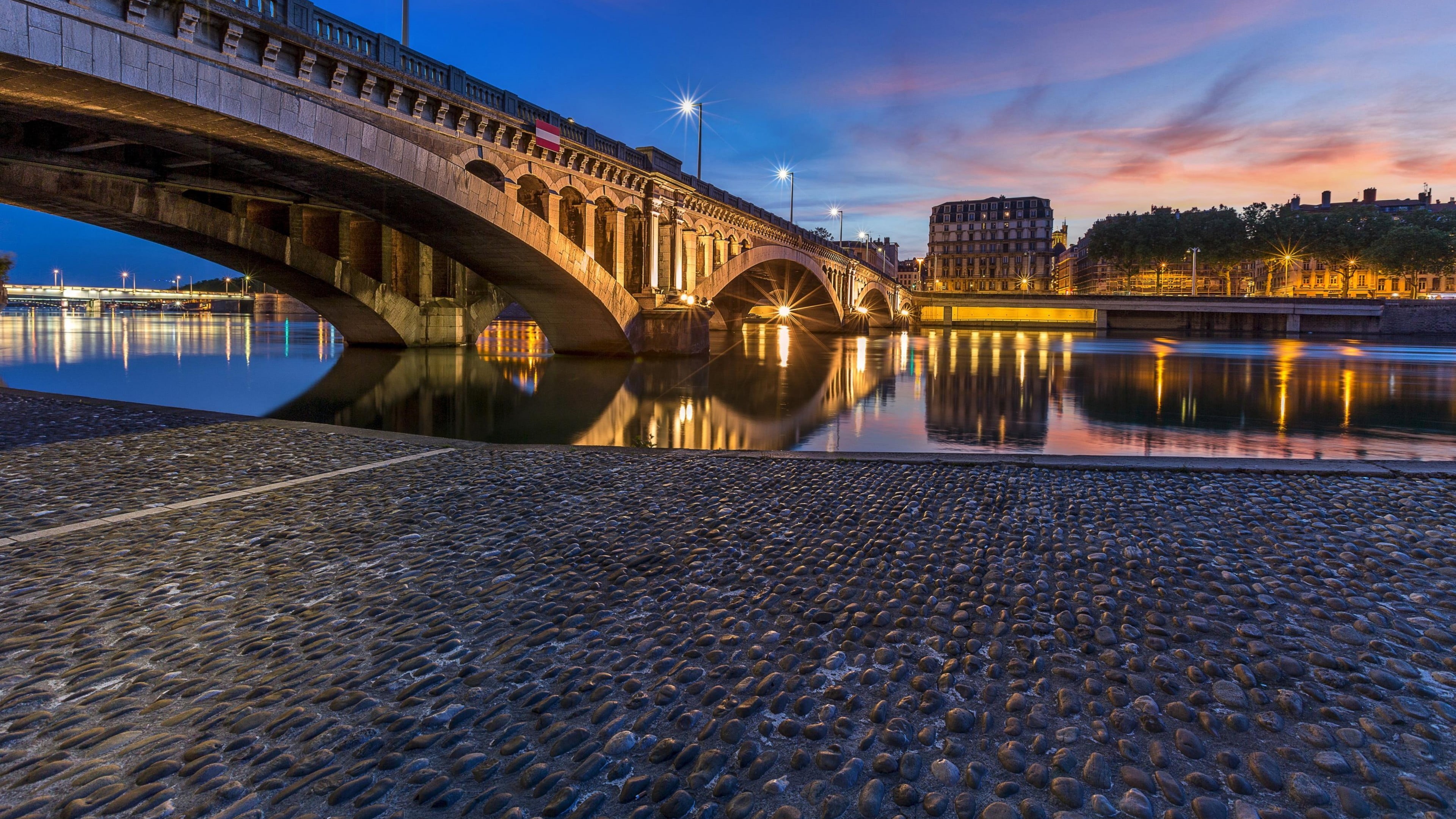built structure, cloud - sky, bridge - man made structure, city, dusk, river, sky, travel destinations, 4K, water, evening, illuminated, arch bridge, architecture, HD Wallpaper