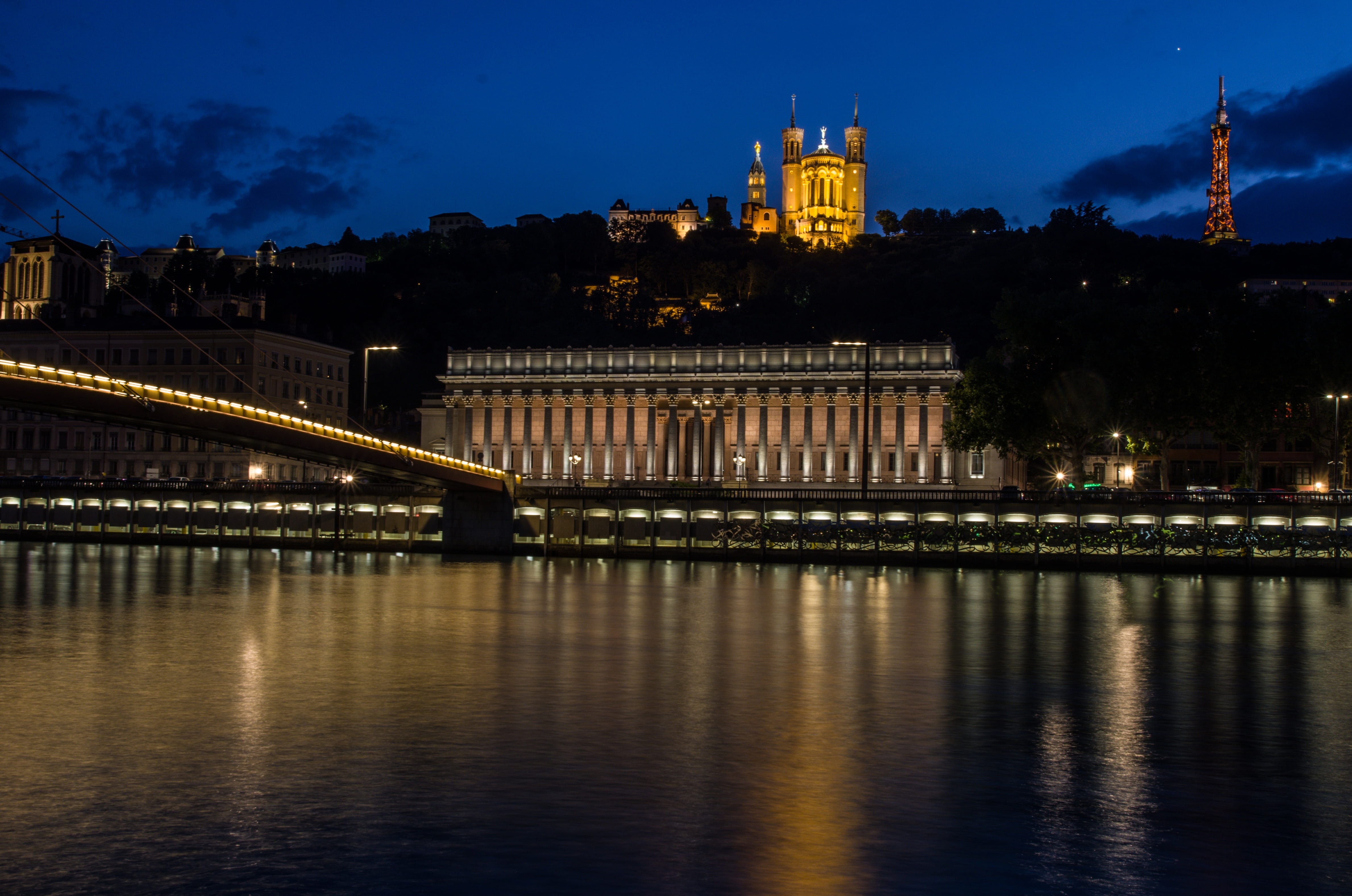 france, blue hour, night, outdoors, docks, travel, saone, built structure, no people, nature, travel destinations, bridge - man made structure, bridge, HD Wallpaper