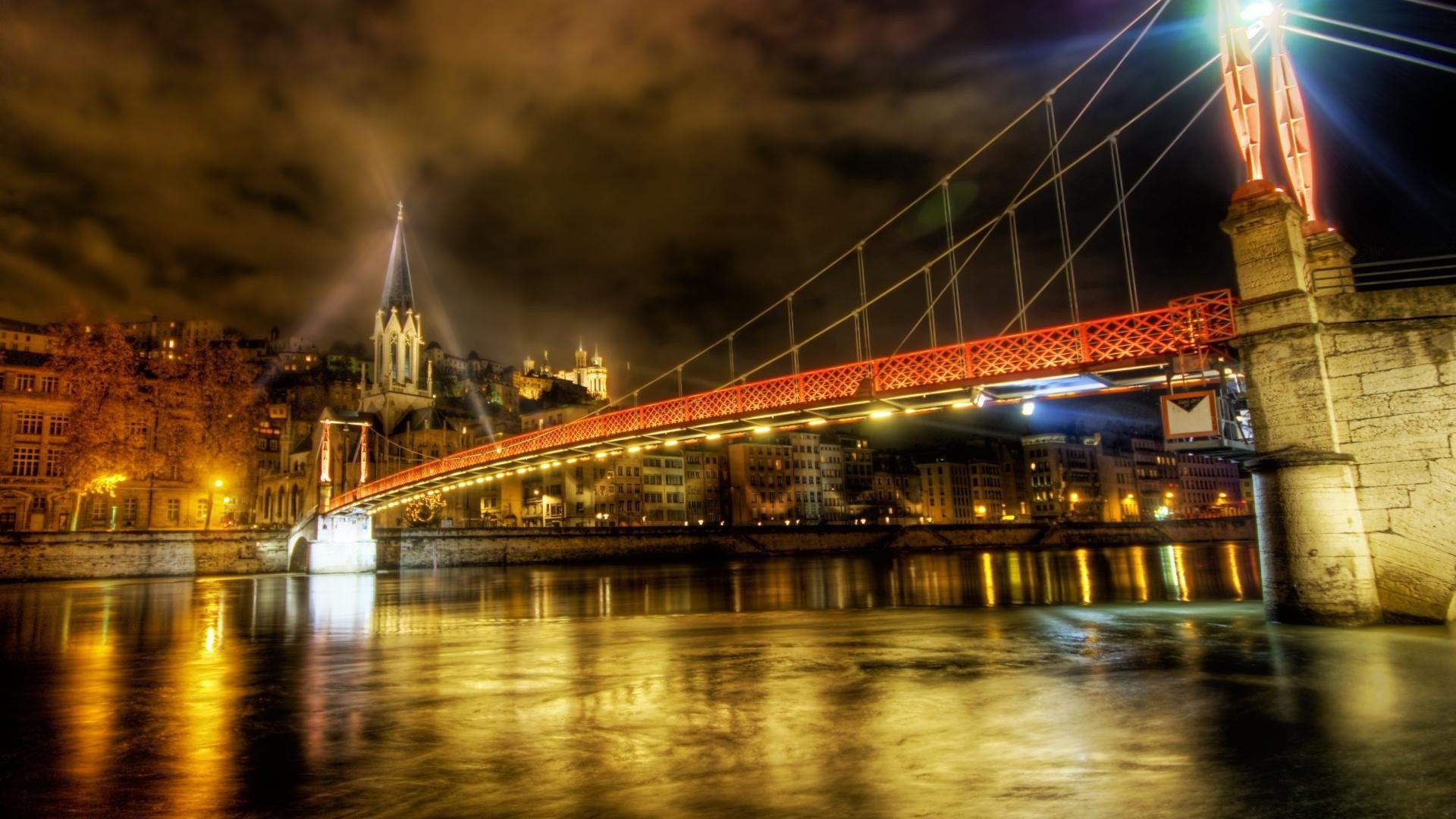 hdr, brown, nature and landscapes, painting, suspension, lyon, france, river, lights, city, 1080P, night, bridge, orange, HD Wallpaper
