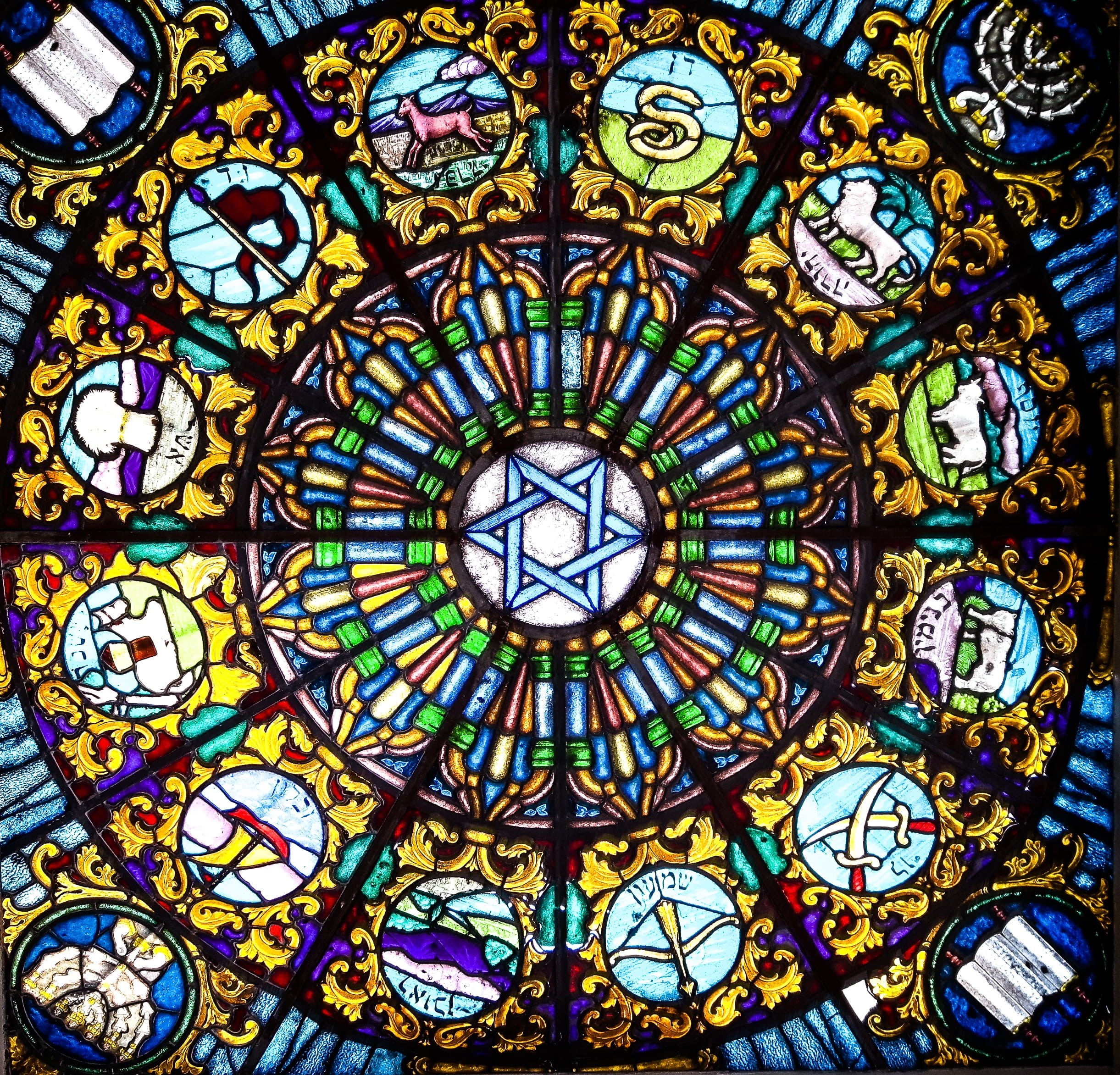 church window, architecture and art, built structure, cupola, place of worship, indoors, star of david, multi colored, star, religion, faith, glass - material, HD Wallpaper