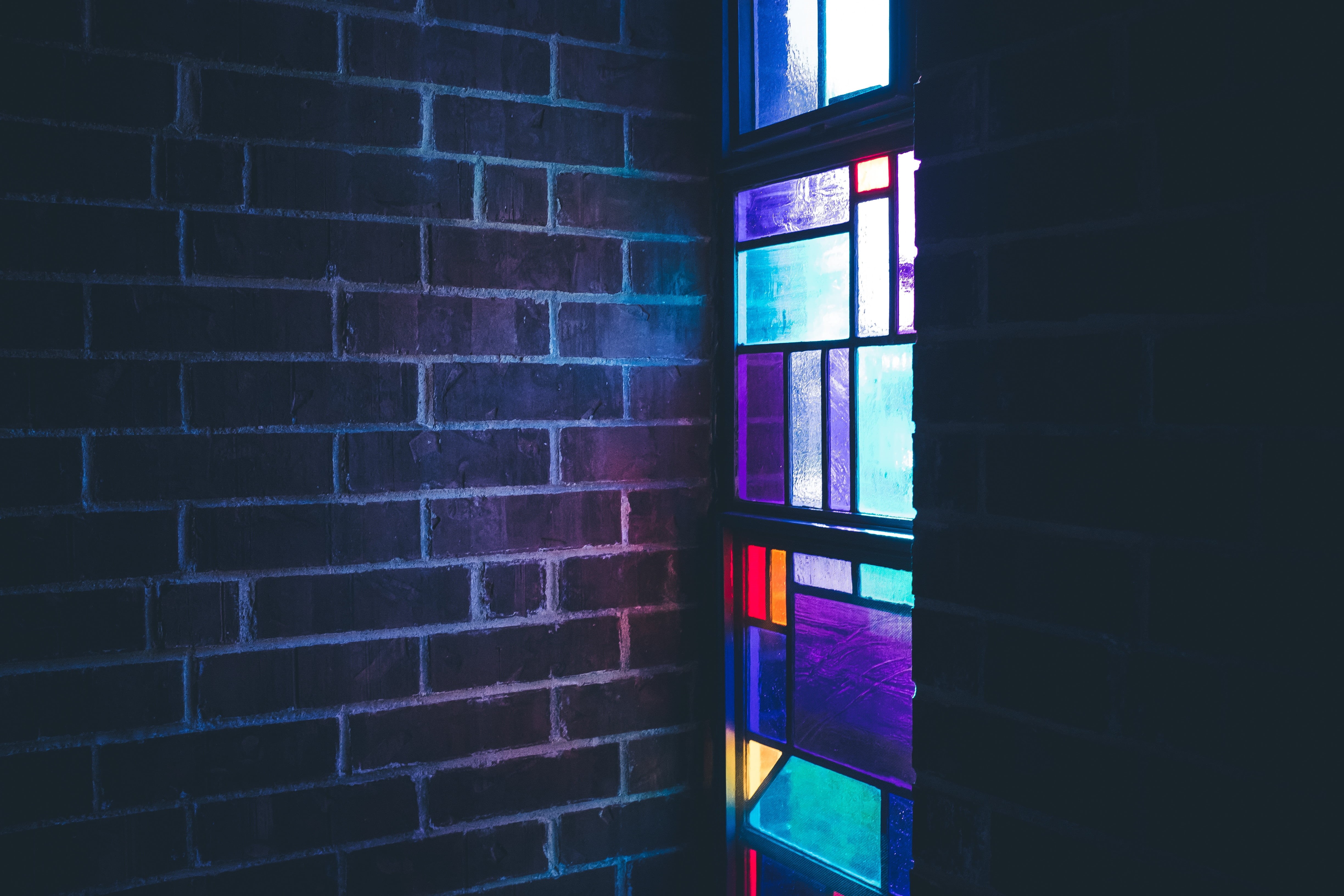 stained glass, dark, pattern, indoors, 4K, brick wall, full frame, glass, window, construction Industry, wall - Building Feature, building, close-up, architecture, HD Wallpaper