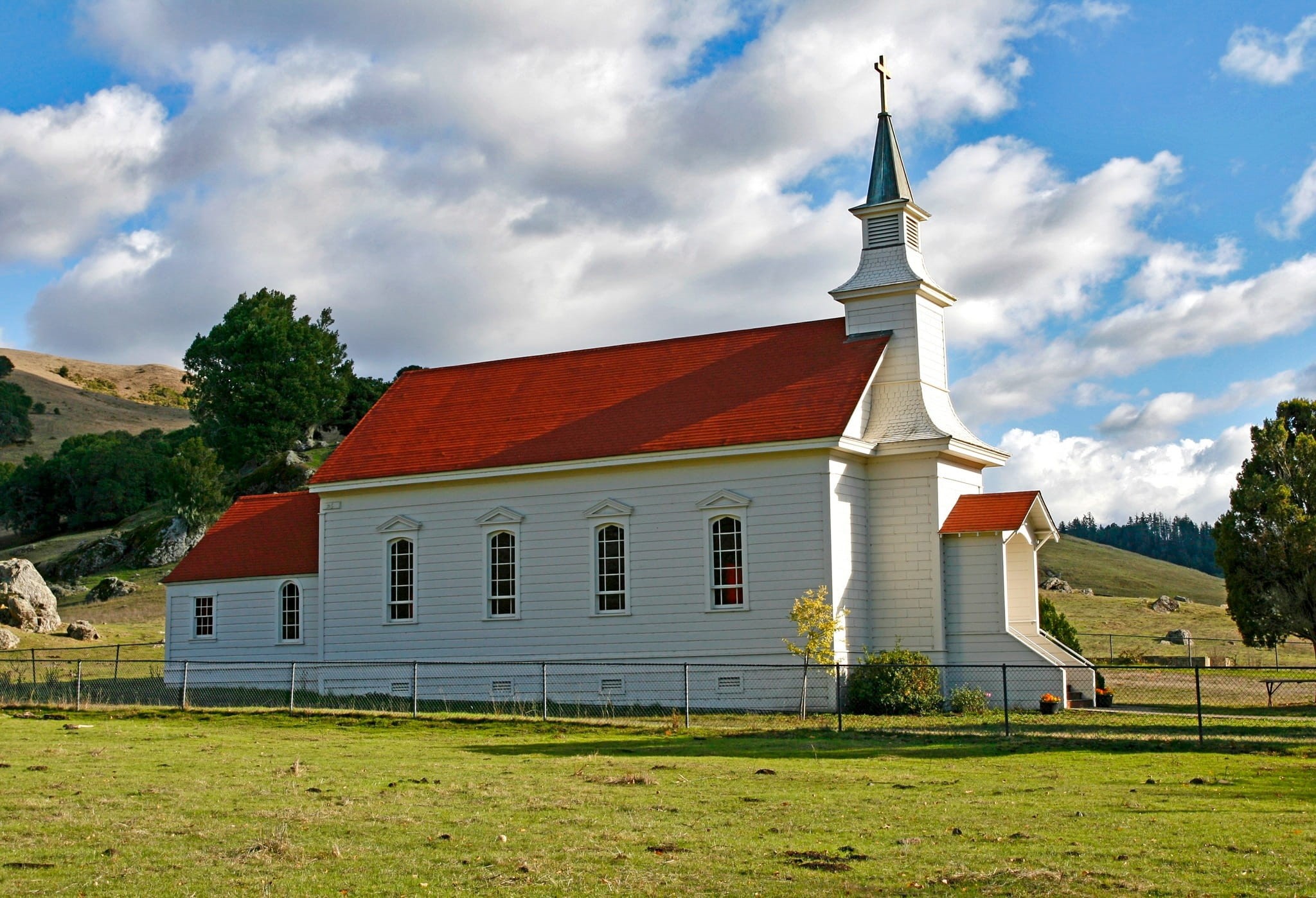 white, marin county, traditional, field, faith, spirituality, church, hills, marys, architecture, prayer, house, place of worship, landscape, chapel, white sky, HD Wallpaper