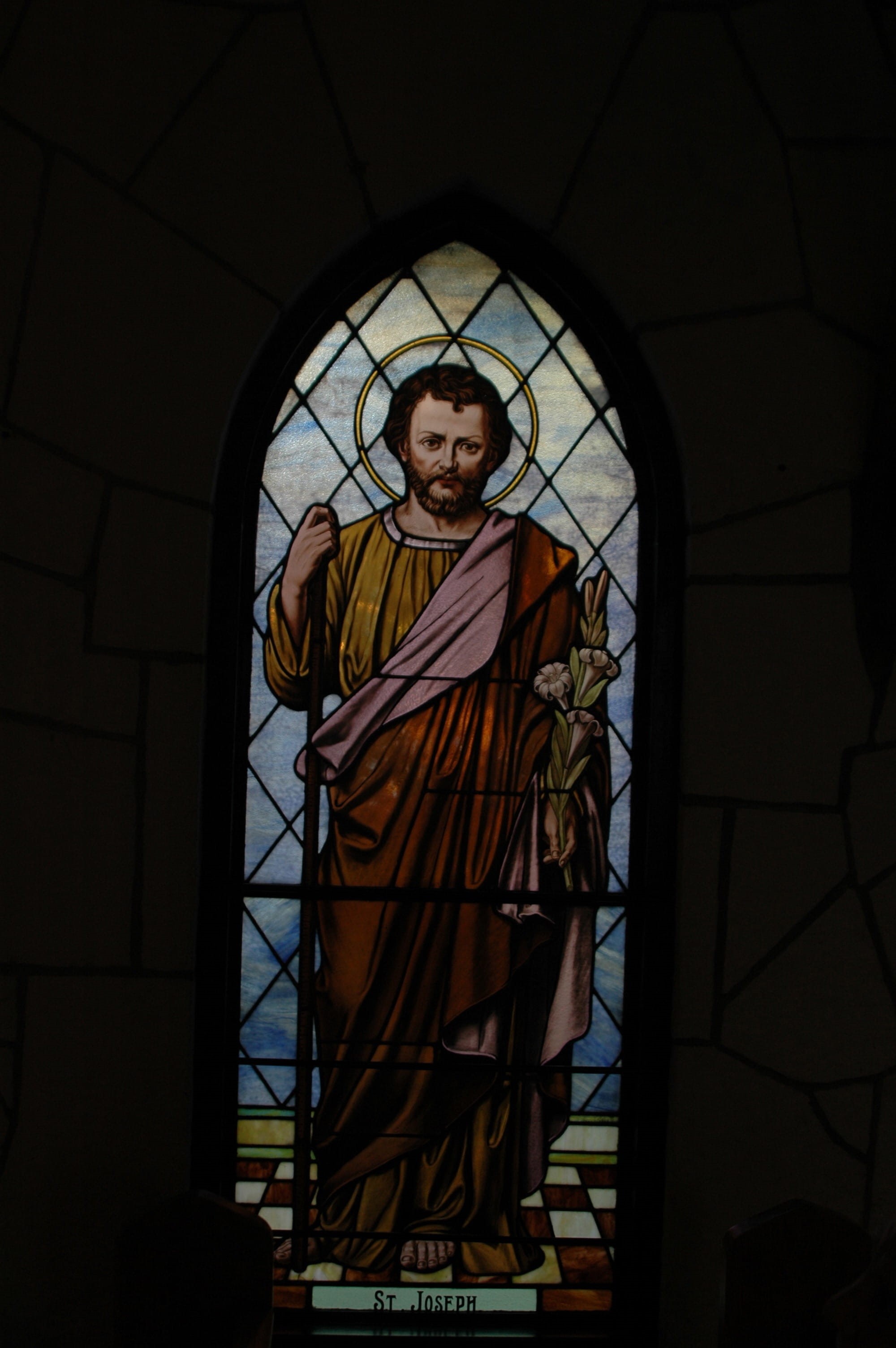 St Joseph, praying, place of worship, Stained Glass, chapel, window, one man only, people, architecture, religion, christianity, low angle view, cathedral, Phone HD Wallpaper