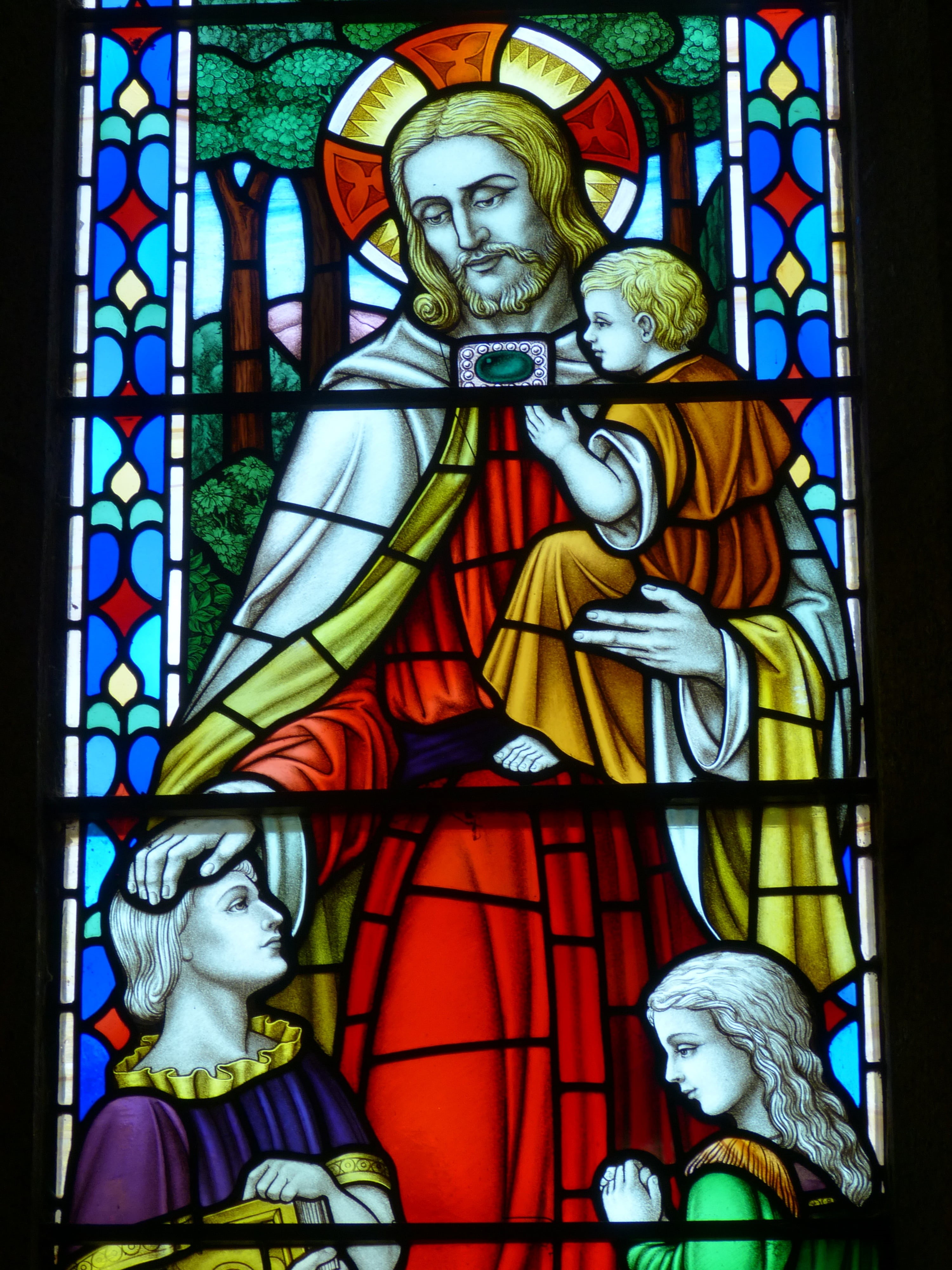 jesus, image, bible, glass, england, jersey, female likeness, window, church window, united kingdom, place of worship, church, stained glass, multi colored, Phone HD Wallpaper