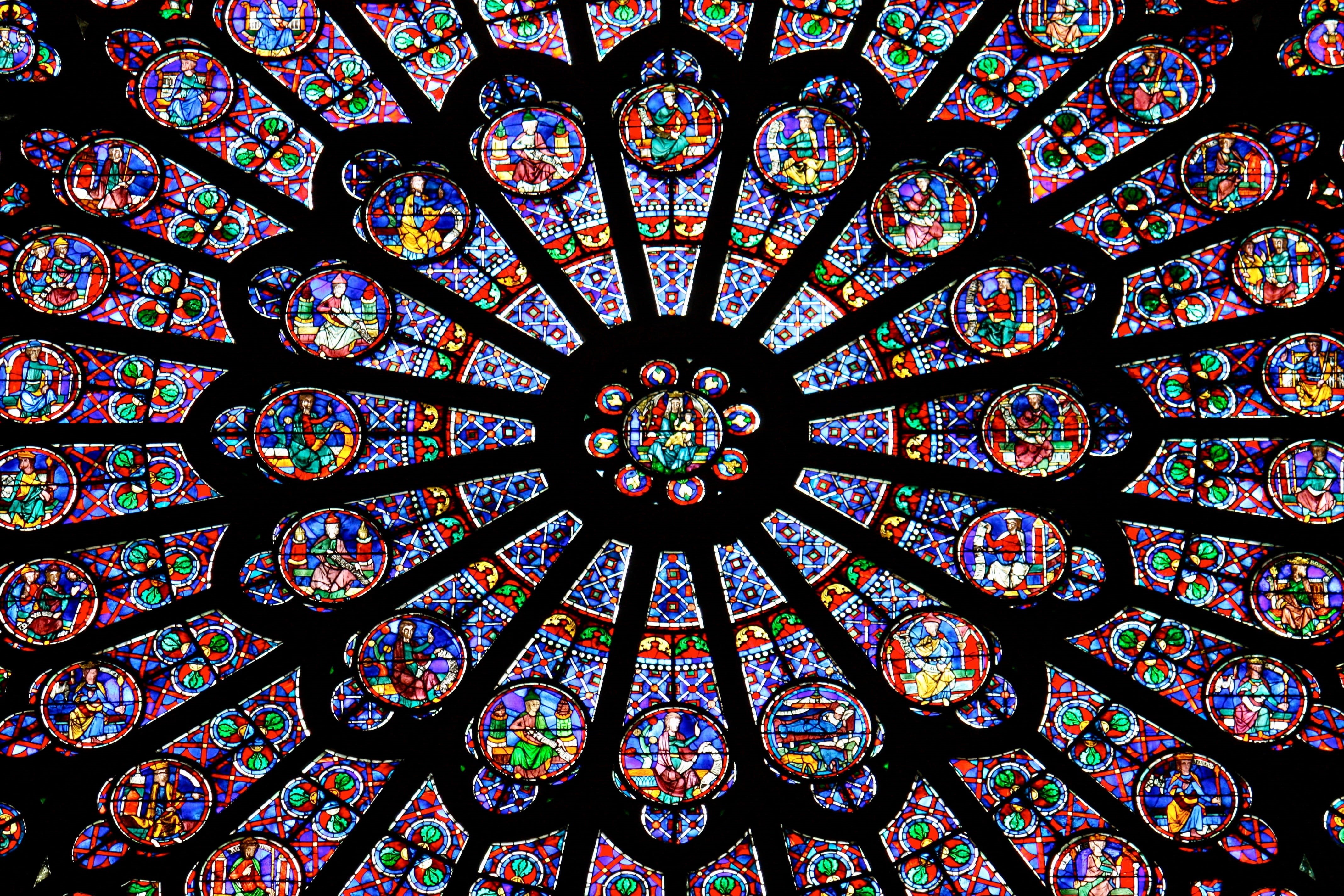 shape, belief, place of worship, glass - material, floral pattern, 4K, cathedral, france, design, backgrounds, history, pattern, architecture, window, HD Wallpaper