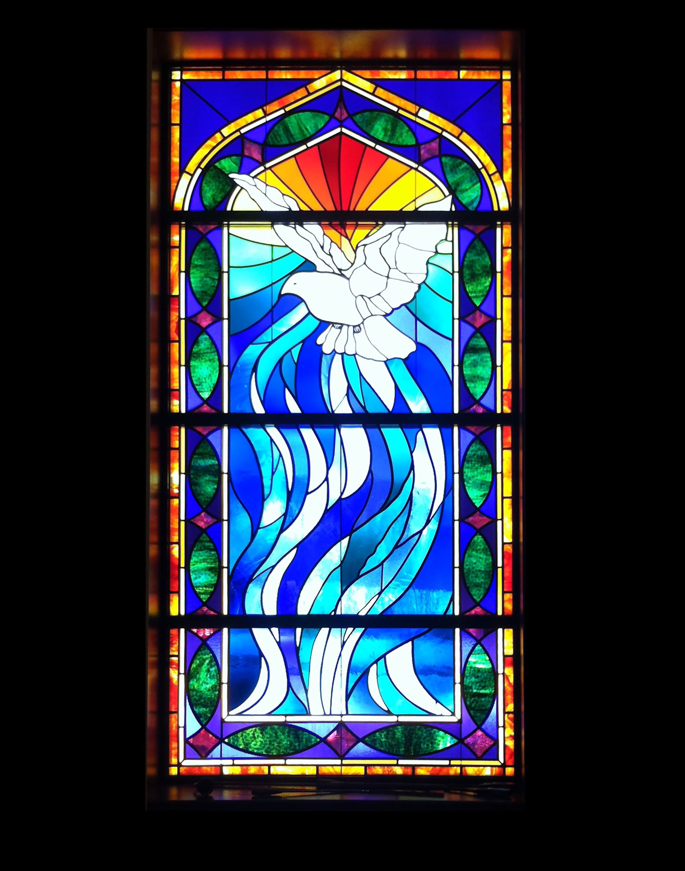 belief, Chapel, pattern, christianity, creativity, spirituality, colour, window, place of worship, Stained Glass, dove, building, colorful, no people, multi Colored, Phone HD Wallpaper