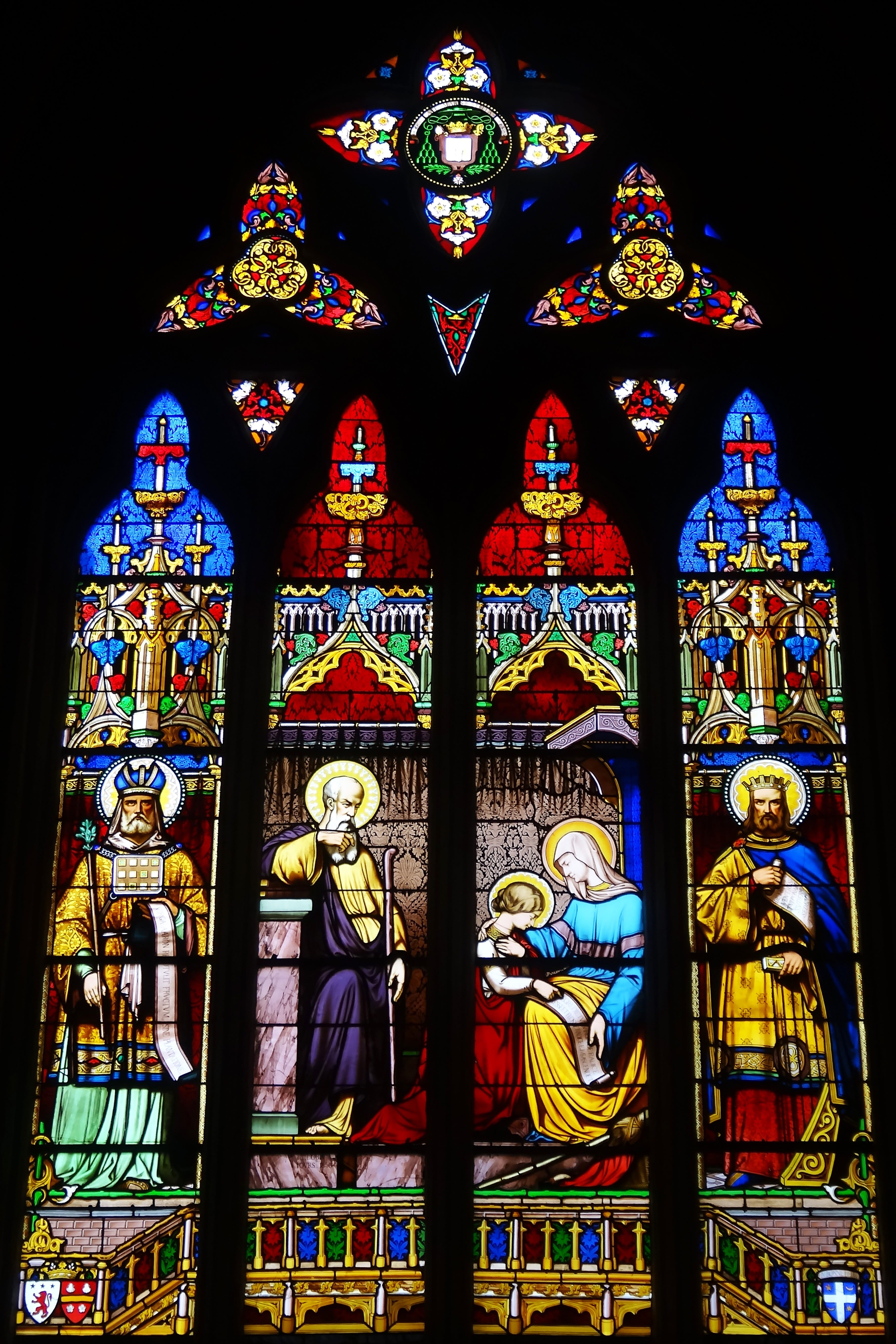 religious, cathedral church, medieval, female likeness, place of worship, multi colored, brightly colored, low angle view, cathedral, built structure, glass, Phone HD Wallpaper