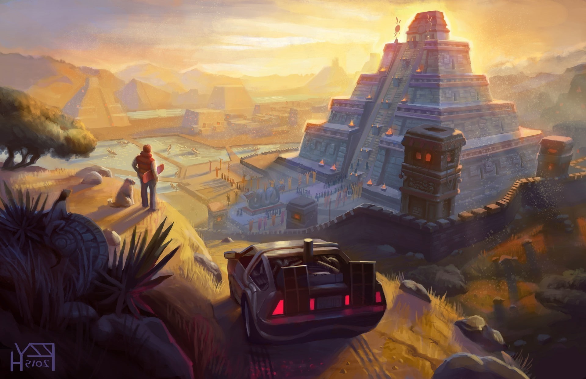 artwork fantasy art back to the future delorean pyramid movies mayan aztec, 1080P, HD Wallpaper