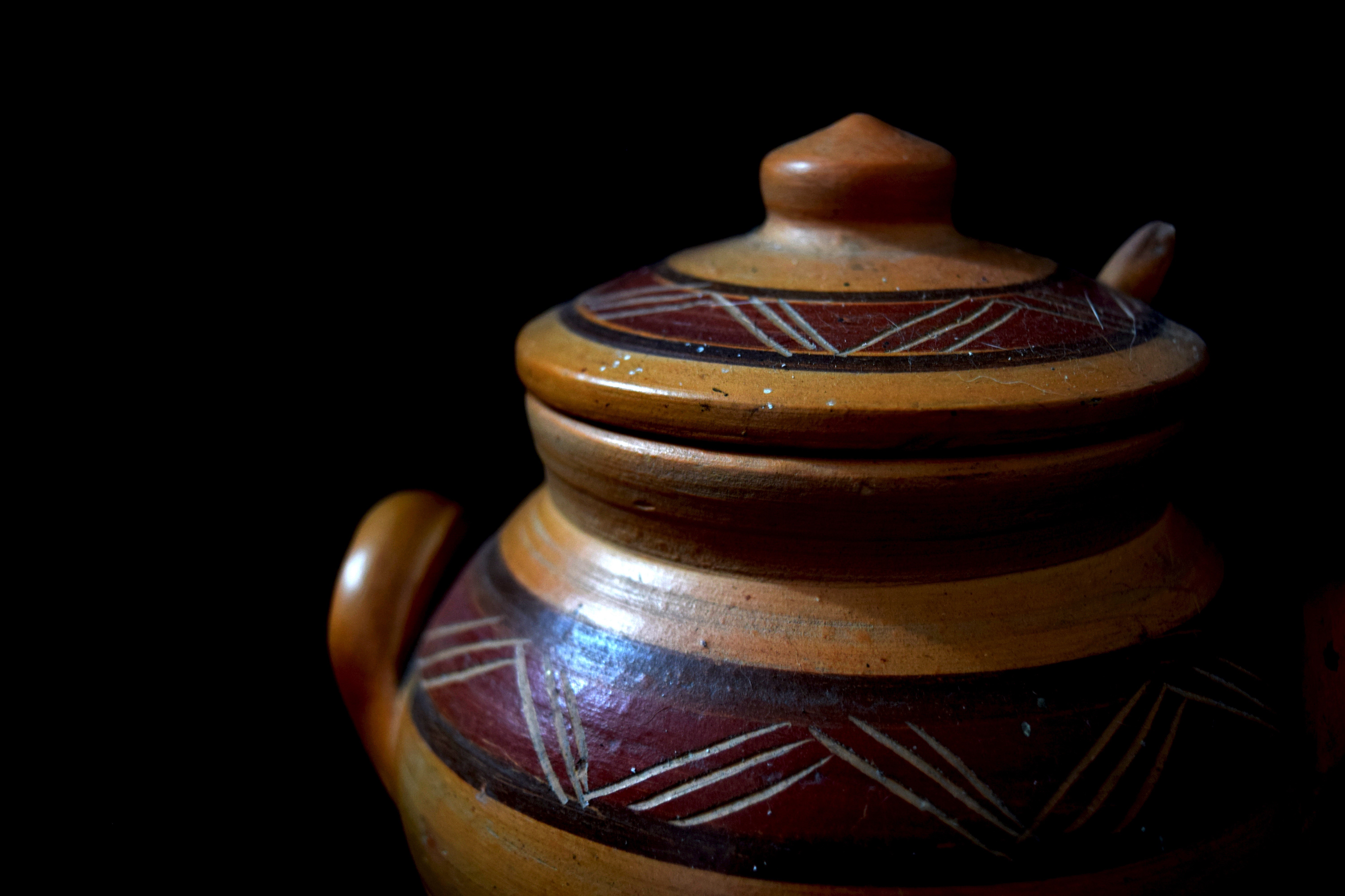 high angle view, culture, antique, container, wood - material, vase, craft, old, metal, still life, studio shot, crockery, food and drink, 5K, table, close-up, HD Wallpaper