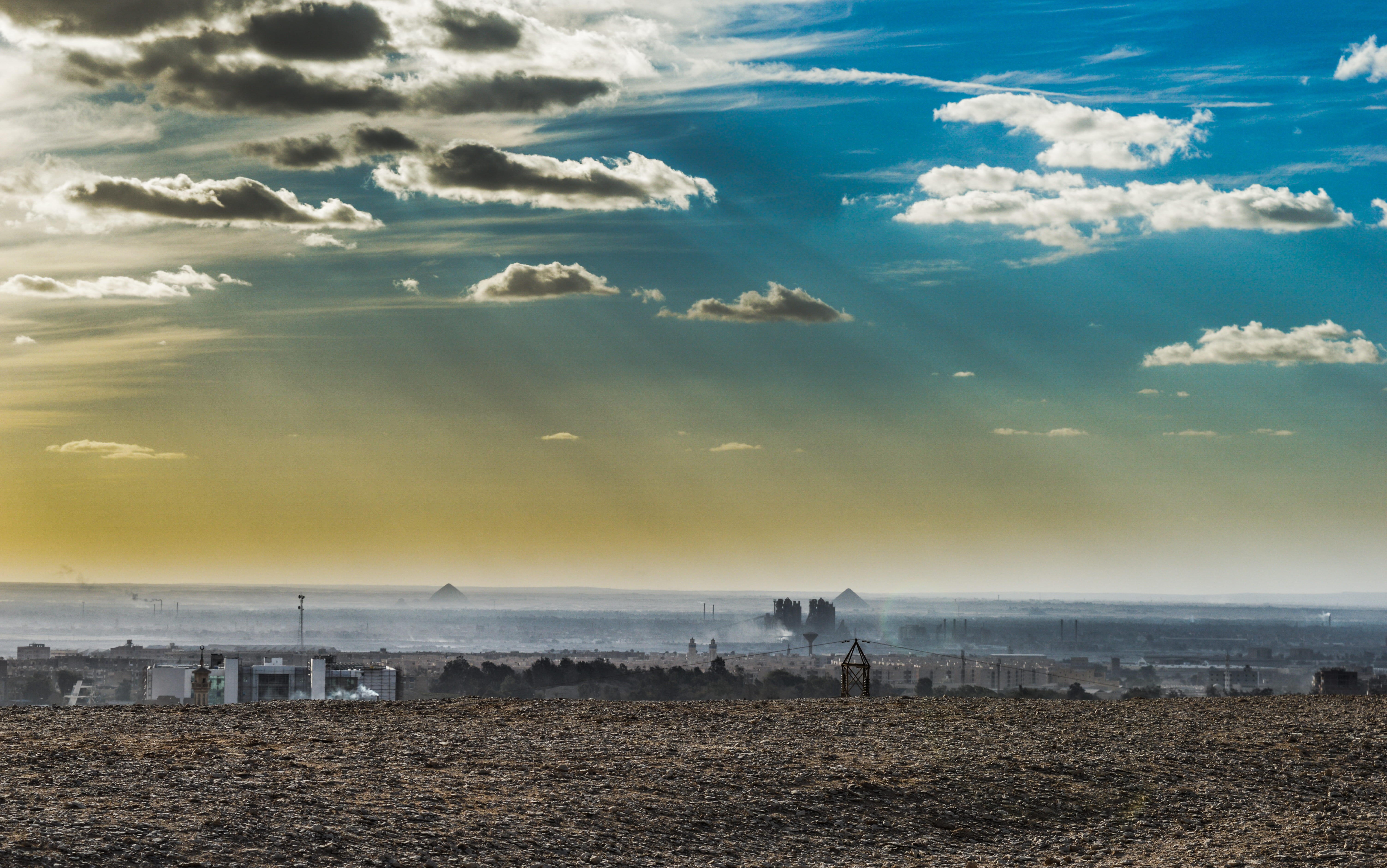 tranquil scene, sunlight, beach, dark clouds, group of animals, pyramids, tranquility, non-urban scene, wide, landscape, foggy, 5K, pollution, horizon, HD Wallpaper