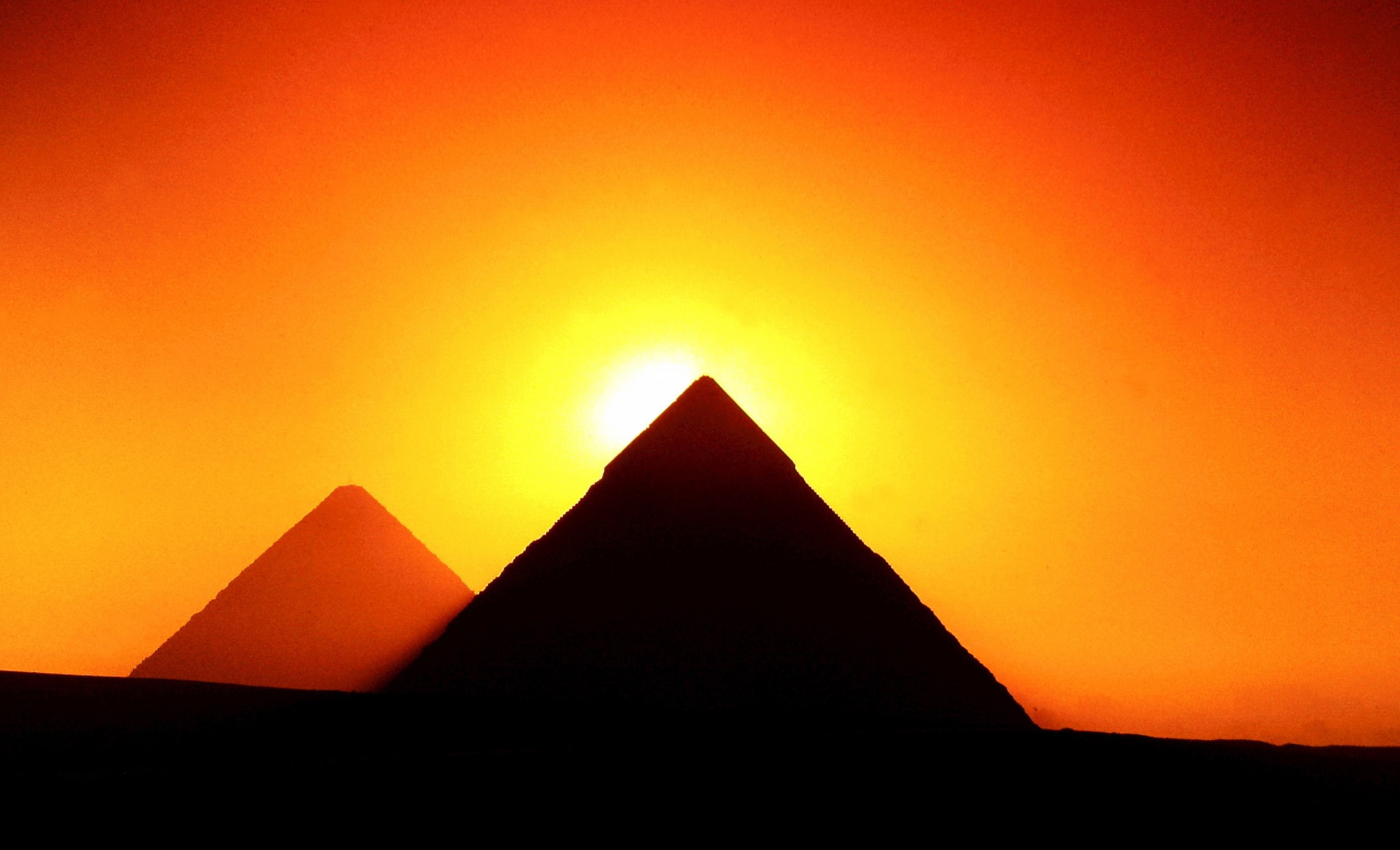 glow, pyramid, the sun, sunset, silhouette, Giza, Egypt, 1080P, HD Wallpaper