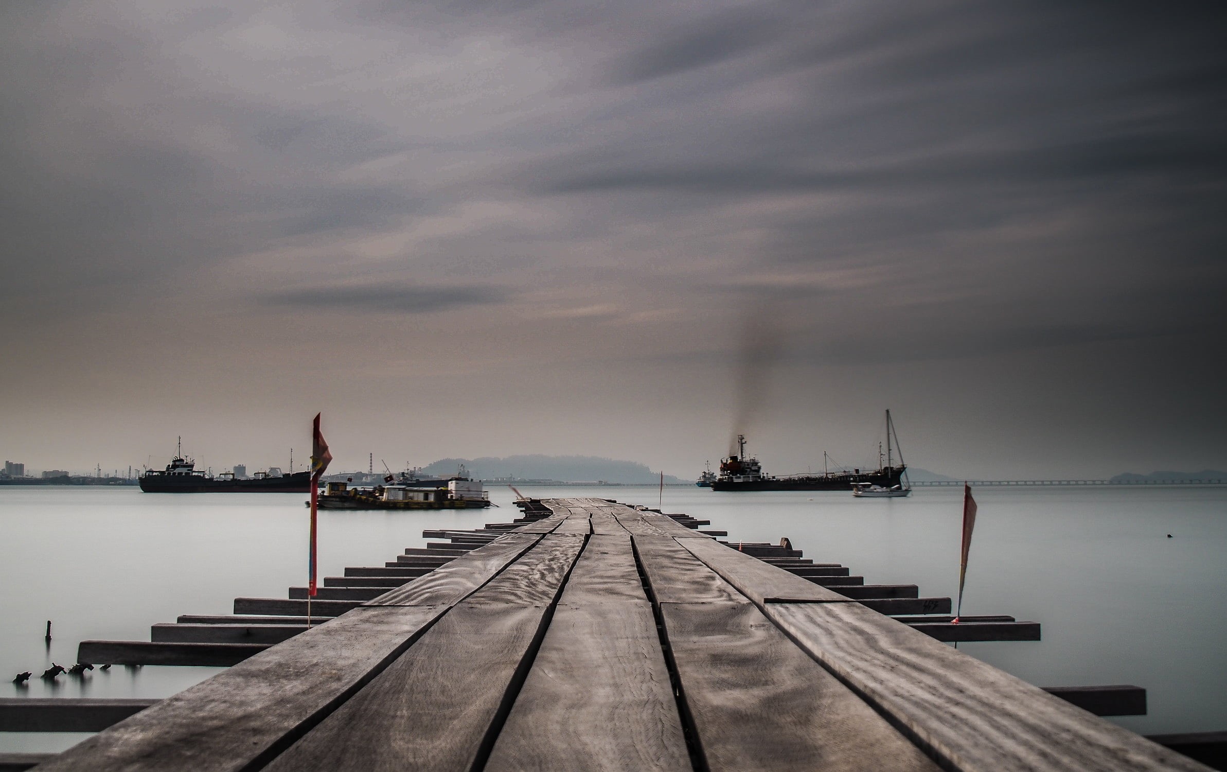 harbor, brown, nautical Vessel, wooden sea, three ships, Morning, sunset, pier, wooden, sea, 1080P, ships, Long Exposure, three, Weld Quay, Penang, Georgetown, HD Wallpaper