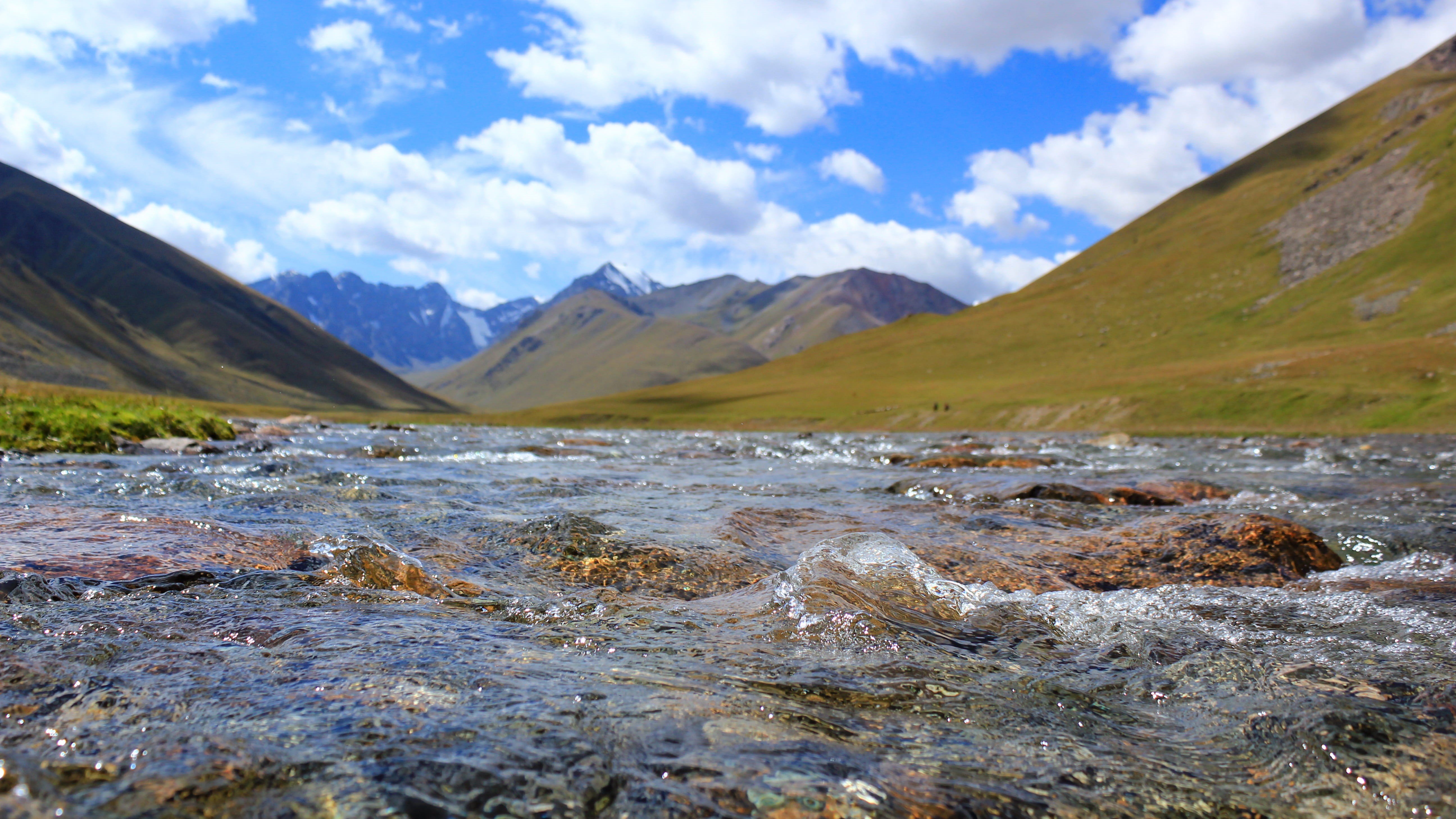 river, torrent, slope, rocks, mountains, flowing water, nature, 5K, distant, hiking, beauty in nature, landscape, scenery, no people, clouds, remote, non-urban scene, HD Wallpaper
