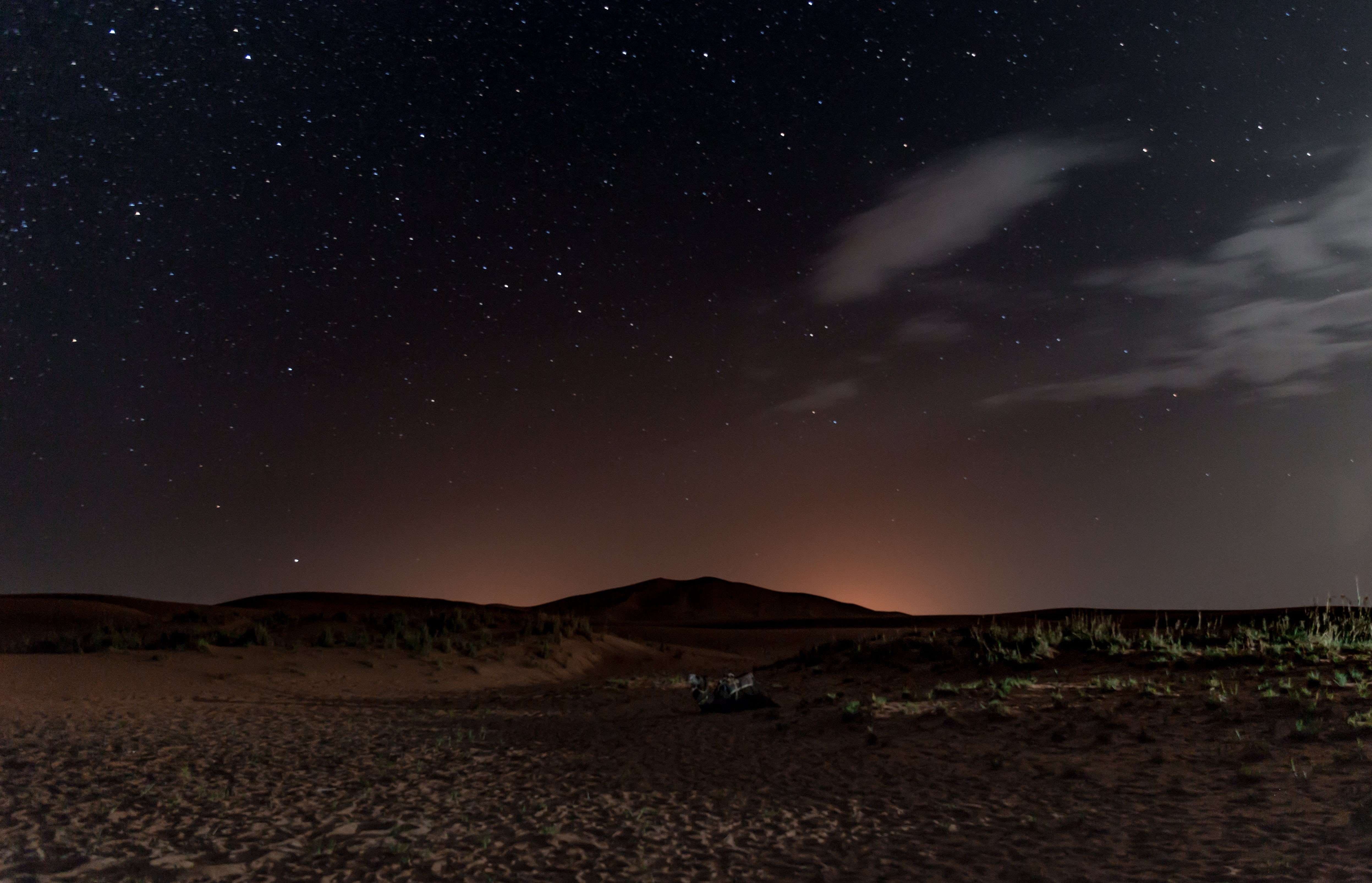 space, milky way, tranquil scene, grass, sunrise, sand, environment, beauty in nature, 4K, clouds, landscape, field, astronomy, constellation, land, stargazing, HD Wallpaper