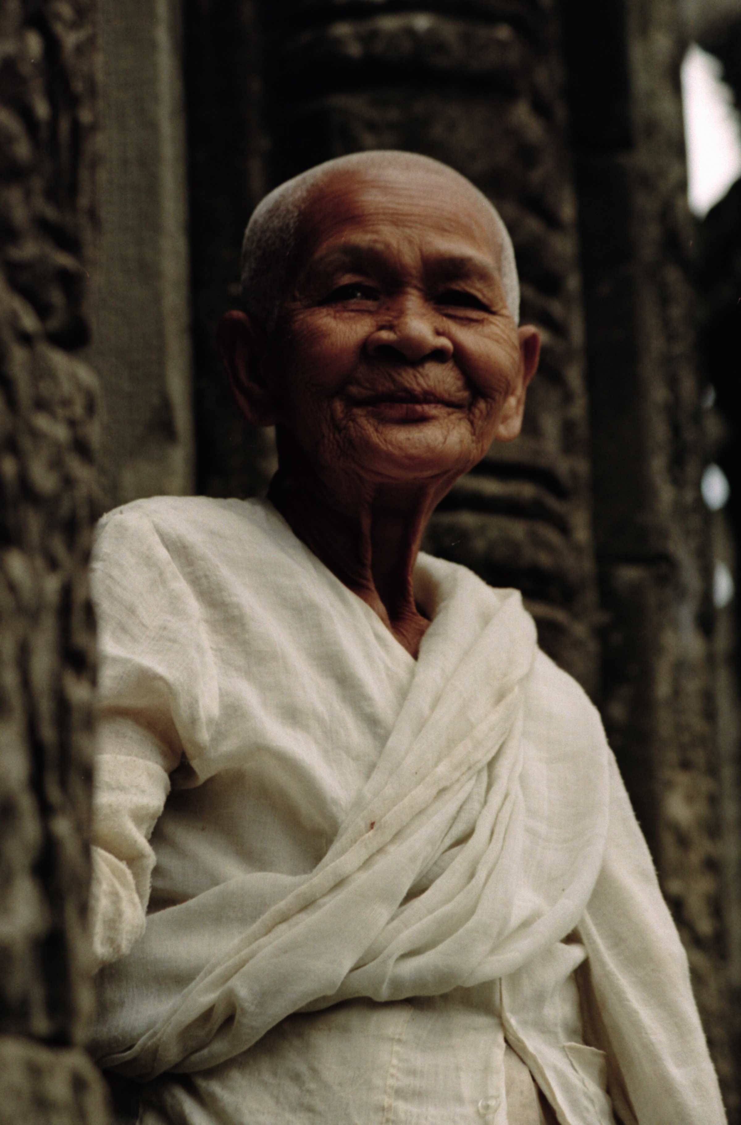 looking at camera, serenity, front view, white, sacred, real people, asia, monk, sister, traditional dress, wrinkled, thawb, angkor wat, day, senior adult, Phone HD Wallpaper