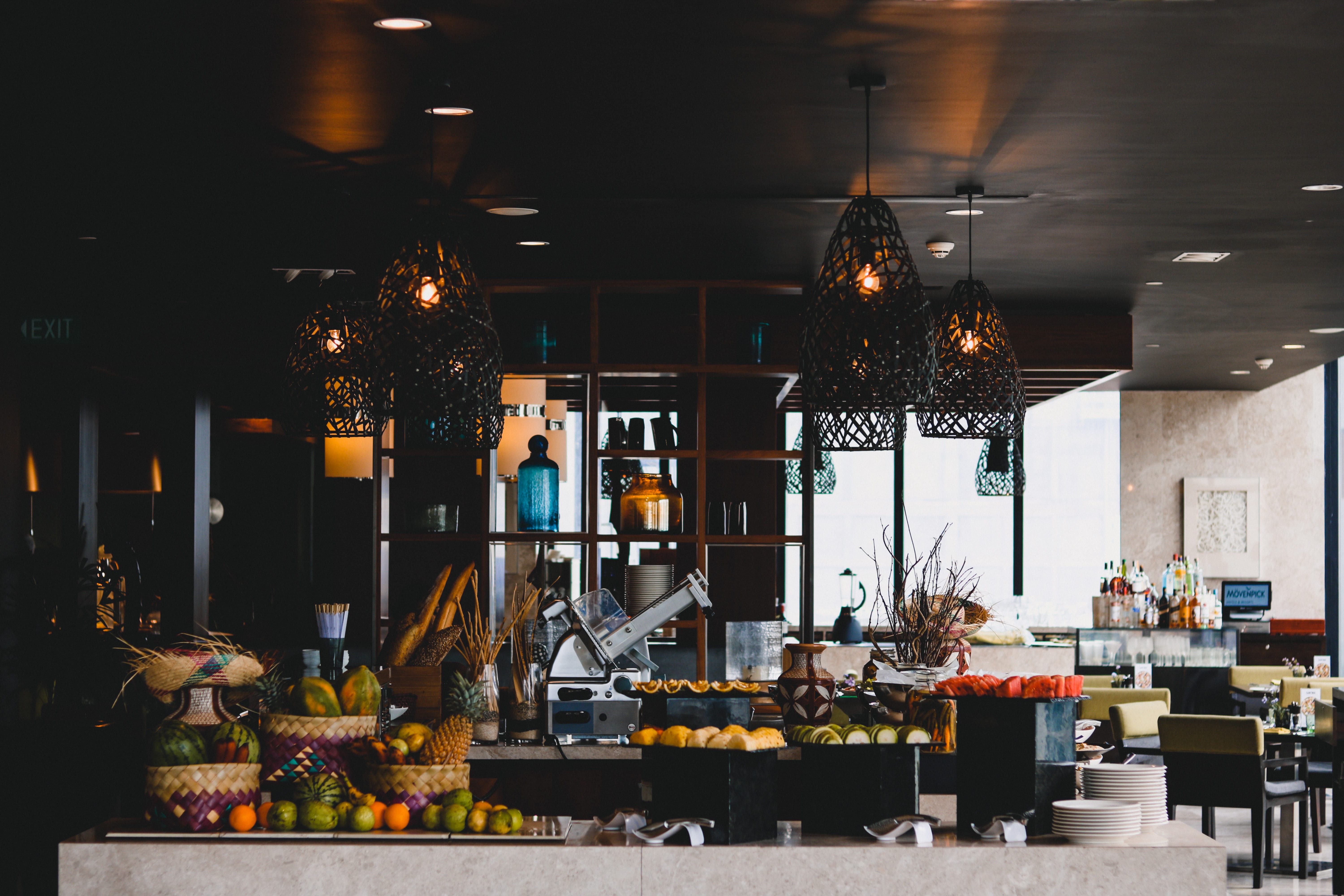 retail, architecture, fruits, mövenpick hotel colombo, 5K, electric lamp, ceiling, ornament, chair, colombo, table, no people, shelf, top, illuminated, HD Wallpaper