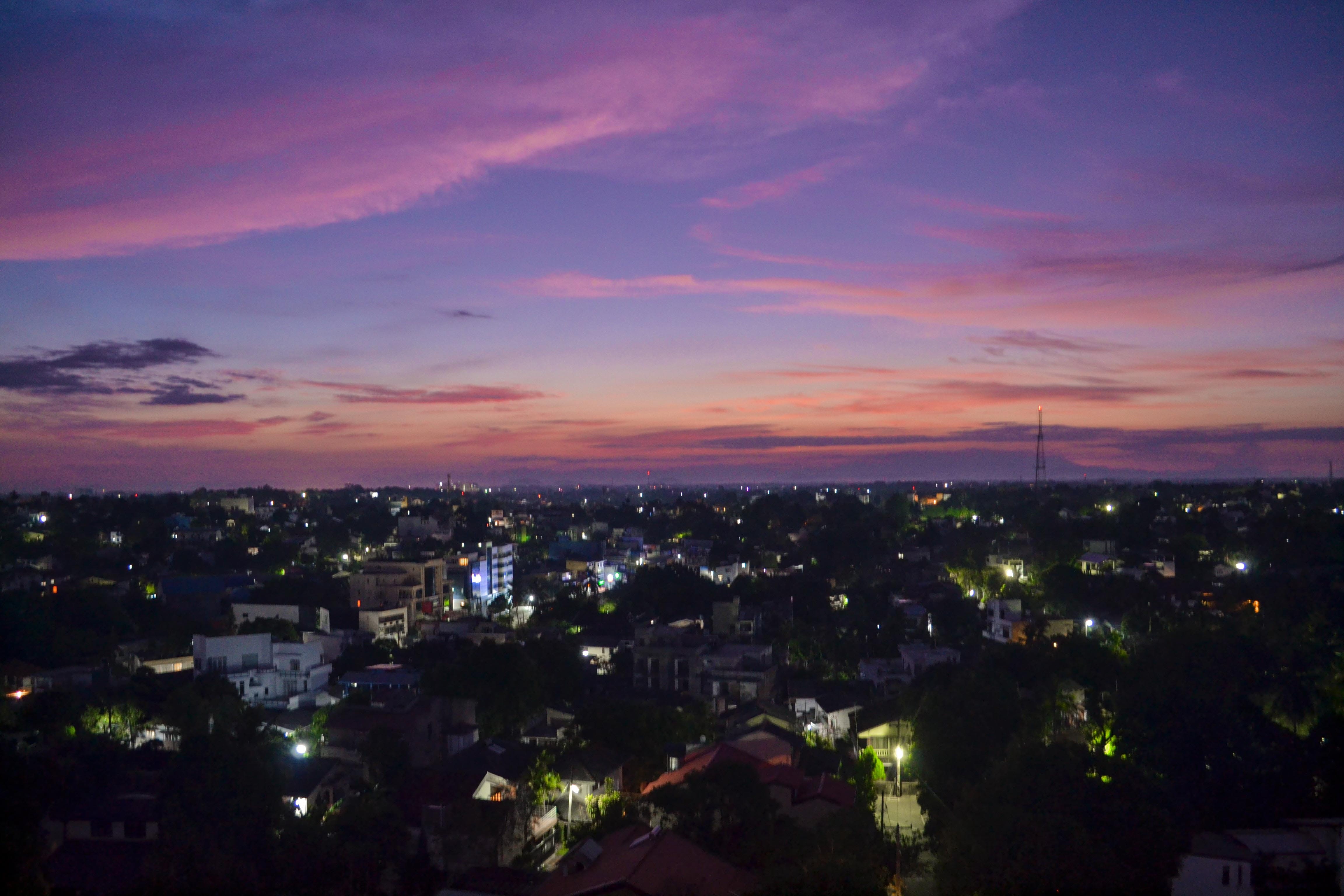4K, sunrise, office building exterior, skyscraper, built structure, urban skyline, jungle, cityscape, purple, night, outdoors, cloud - sky, travel destinations, HD Wallpaper