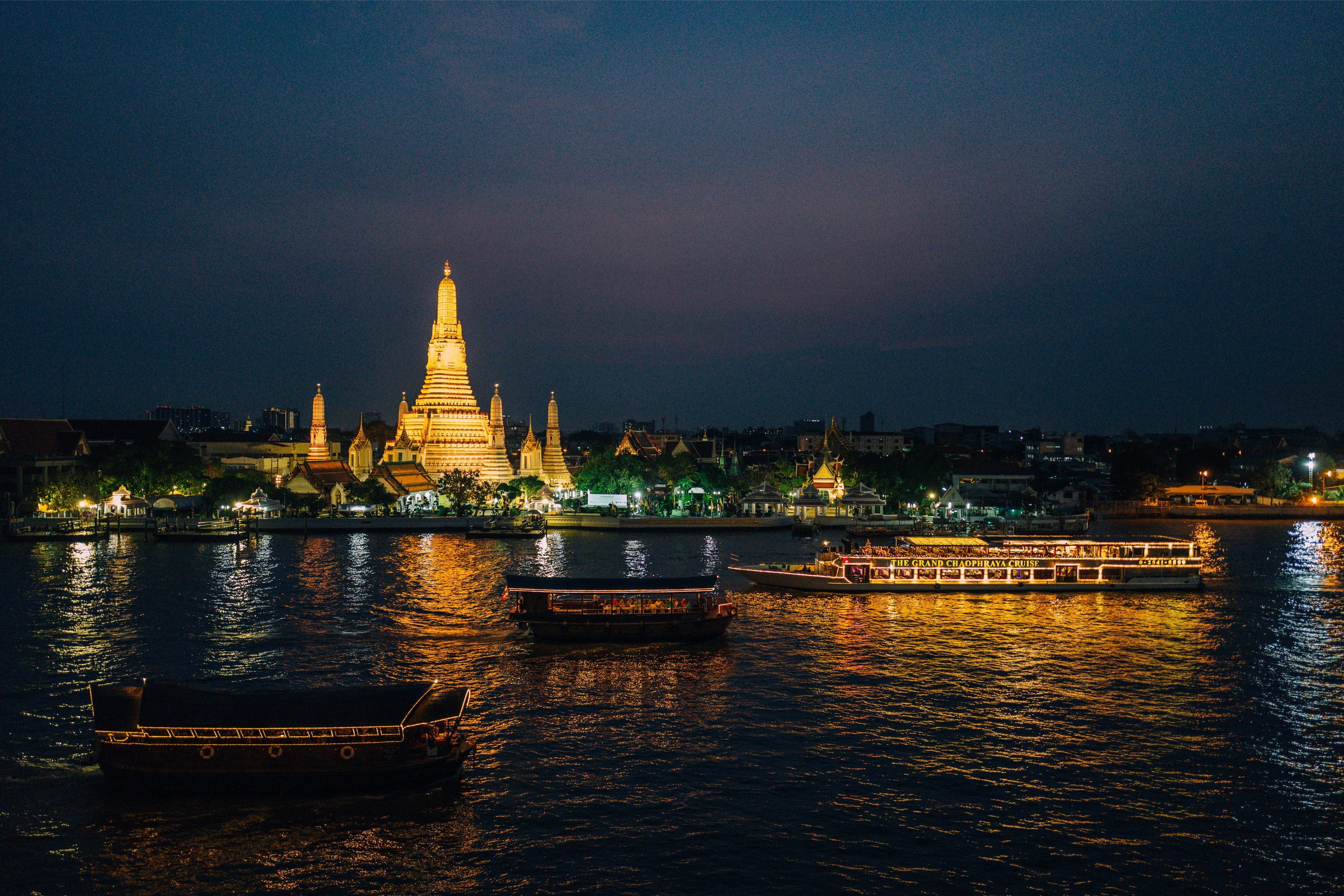 nautical vessel, temple, religion, water, outdoors, light, thailand, river, night, sky, illuminated, city, history, sala rattanakosin rooftop bar, wat aroon, HD Wallpaper