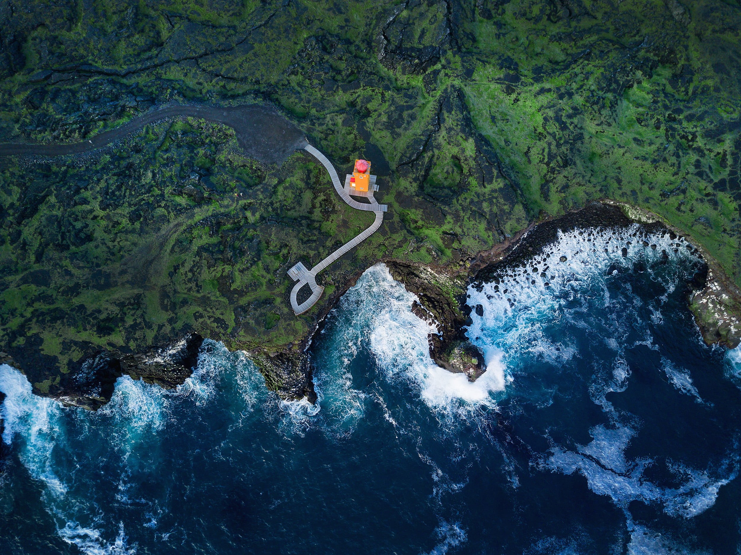 real people, rock, high angle view, green color, non-urban scene, one person, day, coast, tranquility, mountain, Svortuloft Lighthouse, leisure activity, HD Wallpaper