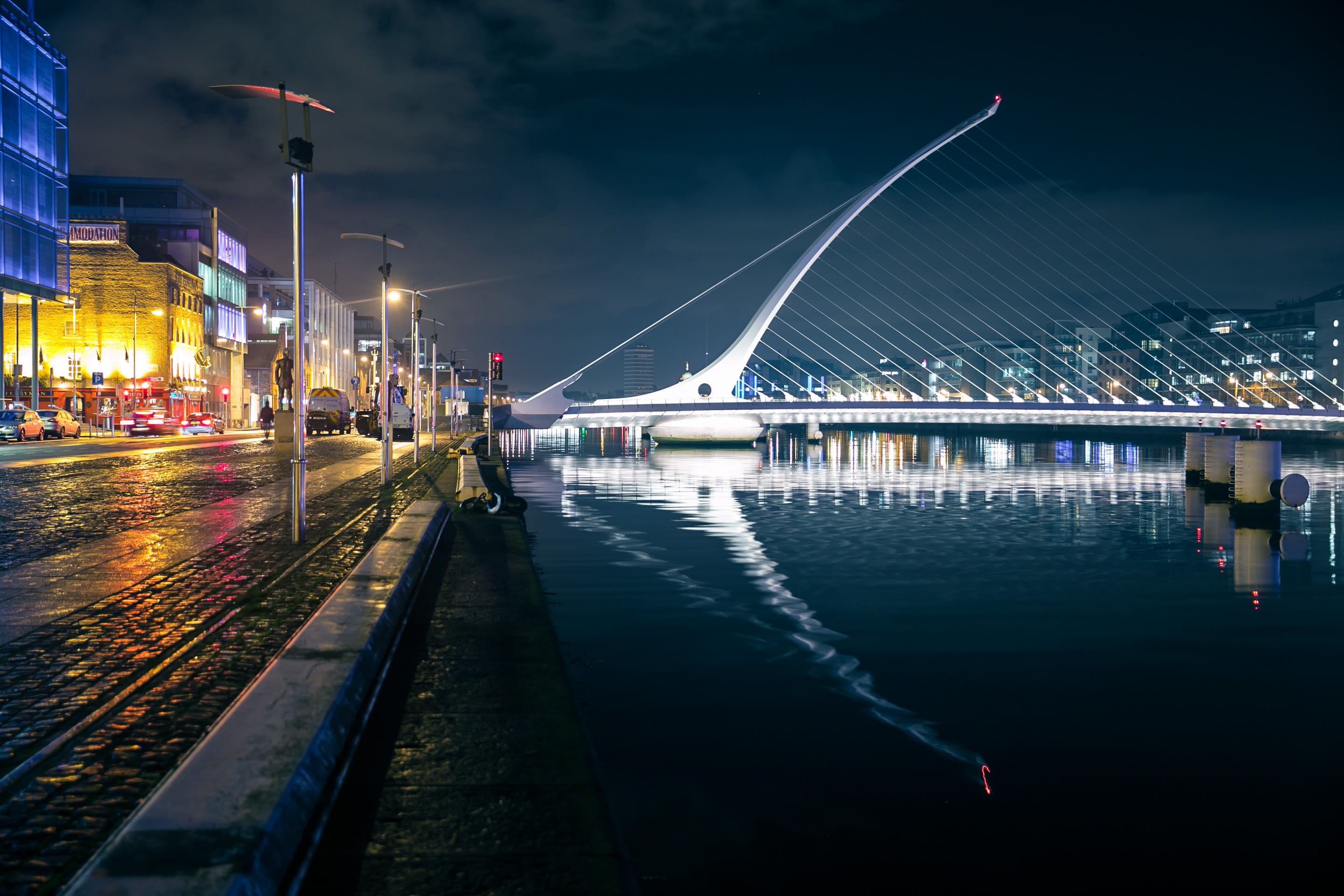 cloud - sky, beckett, built structure, samuel beckett bridge, modern, 2K, architecture, city, outdoors, river, no people, dublin, night, nature, transportation, HD Wallpaper