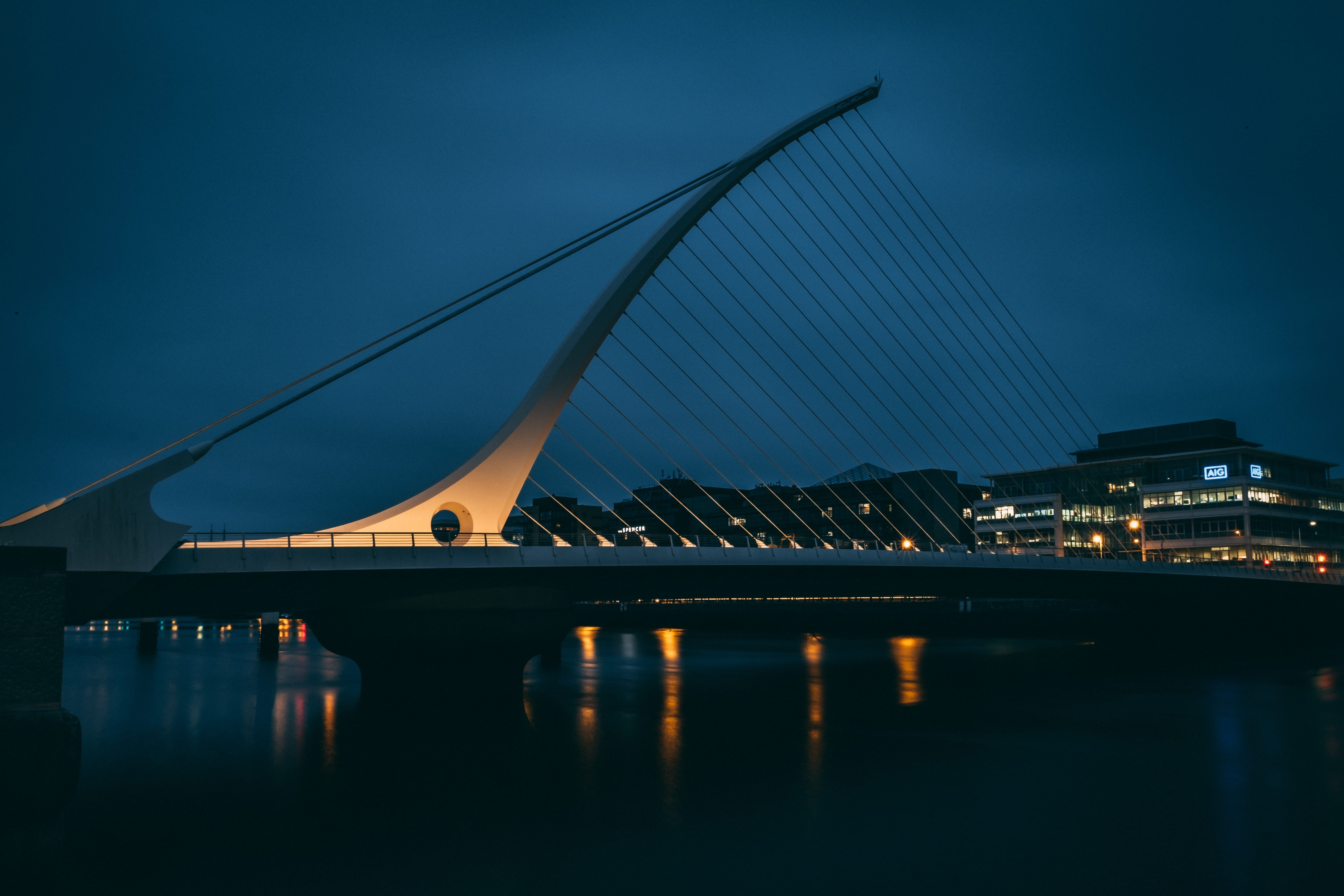 beckett, night, modern, blue, 5K, travel destinations, bridge, black, dockland, built structure, illuminated, light, night photography, no people, ireland, HD Wallpaper