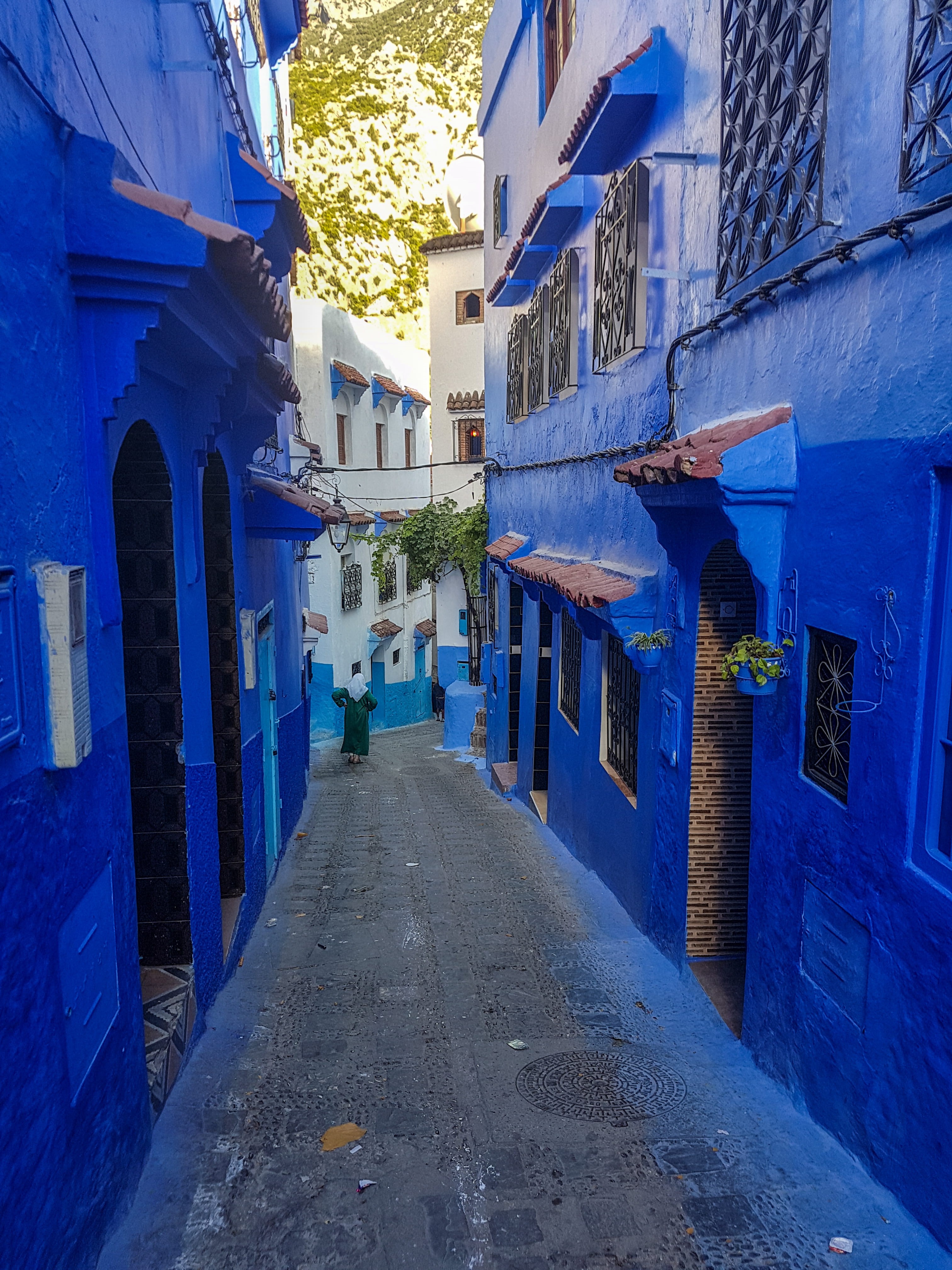 my morocco, street, blue city, house, building exterior, sidewalk, pavement, walls, human, the way forward, direction, chefchaouen, moroccan santorini, Phone HD Wallpaper
