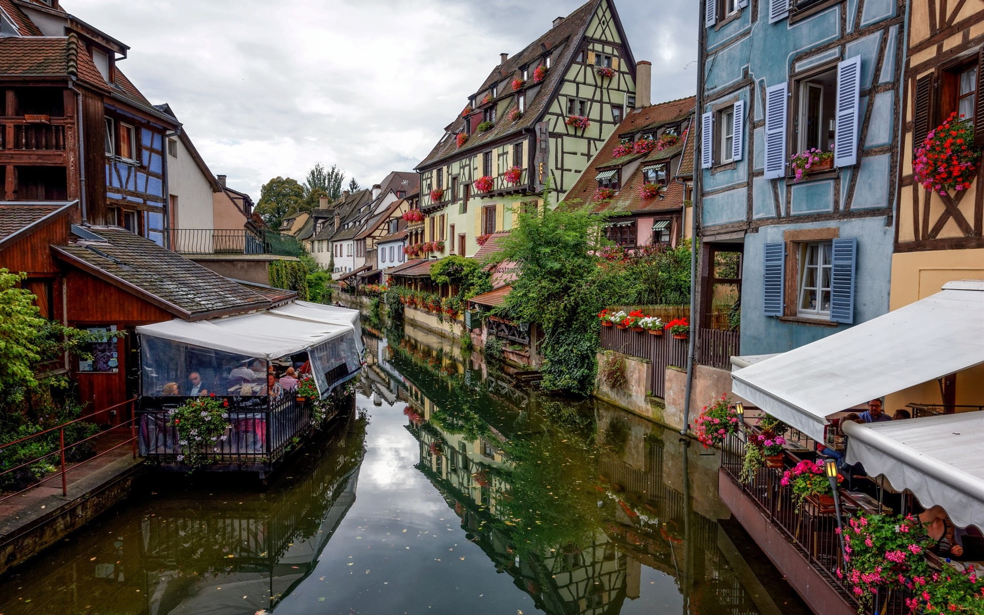 France, Cafe, Colmar, 1080P, River, Town, Houses, HD Wallpaper