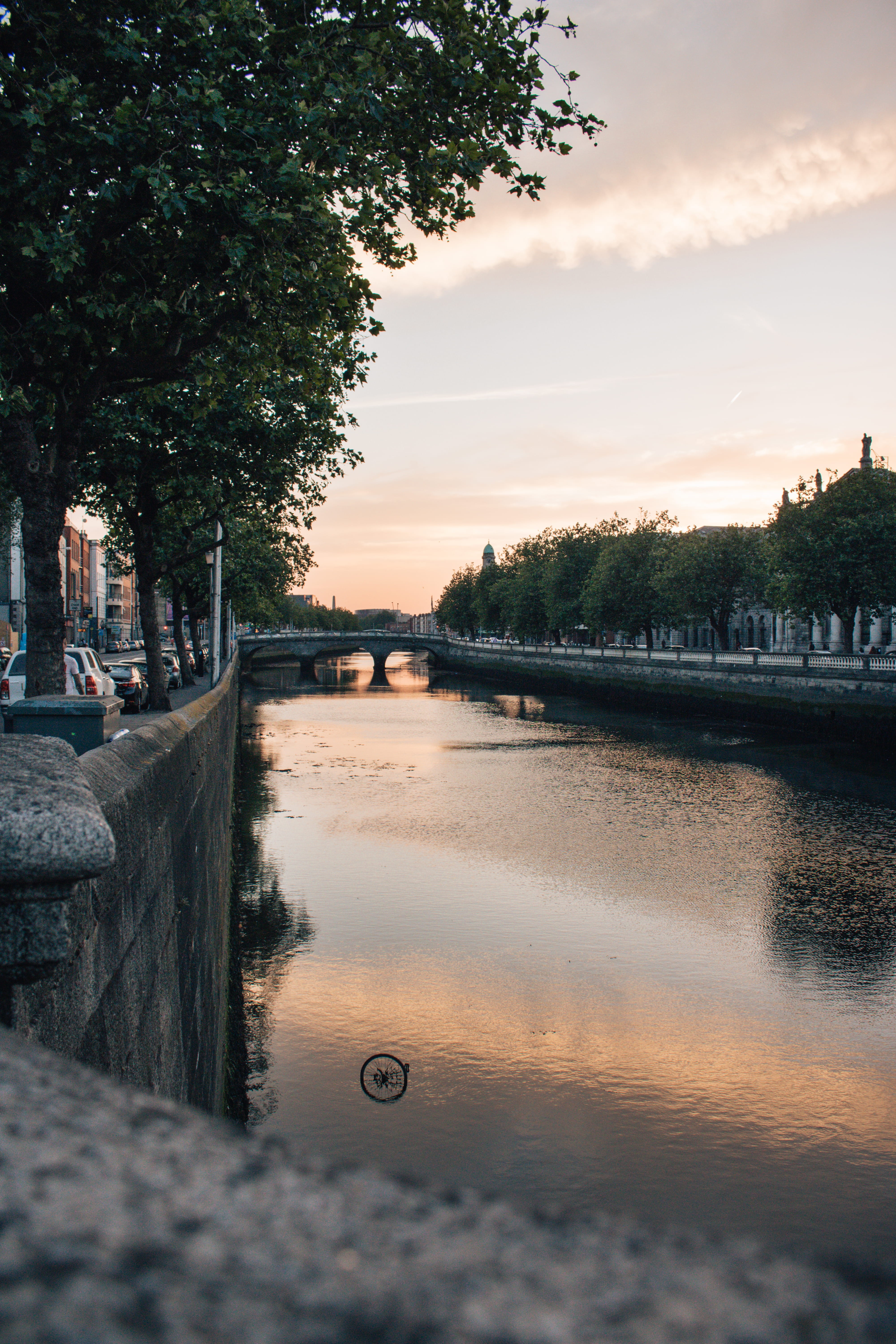 river, connection, incidental people, bicycle, tree, reflection, cloud - sky, beauty in nature, water, tranquility, dublin, architecture, nature, sunset, Phone HD Wallpaper