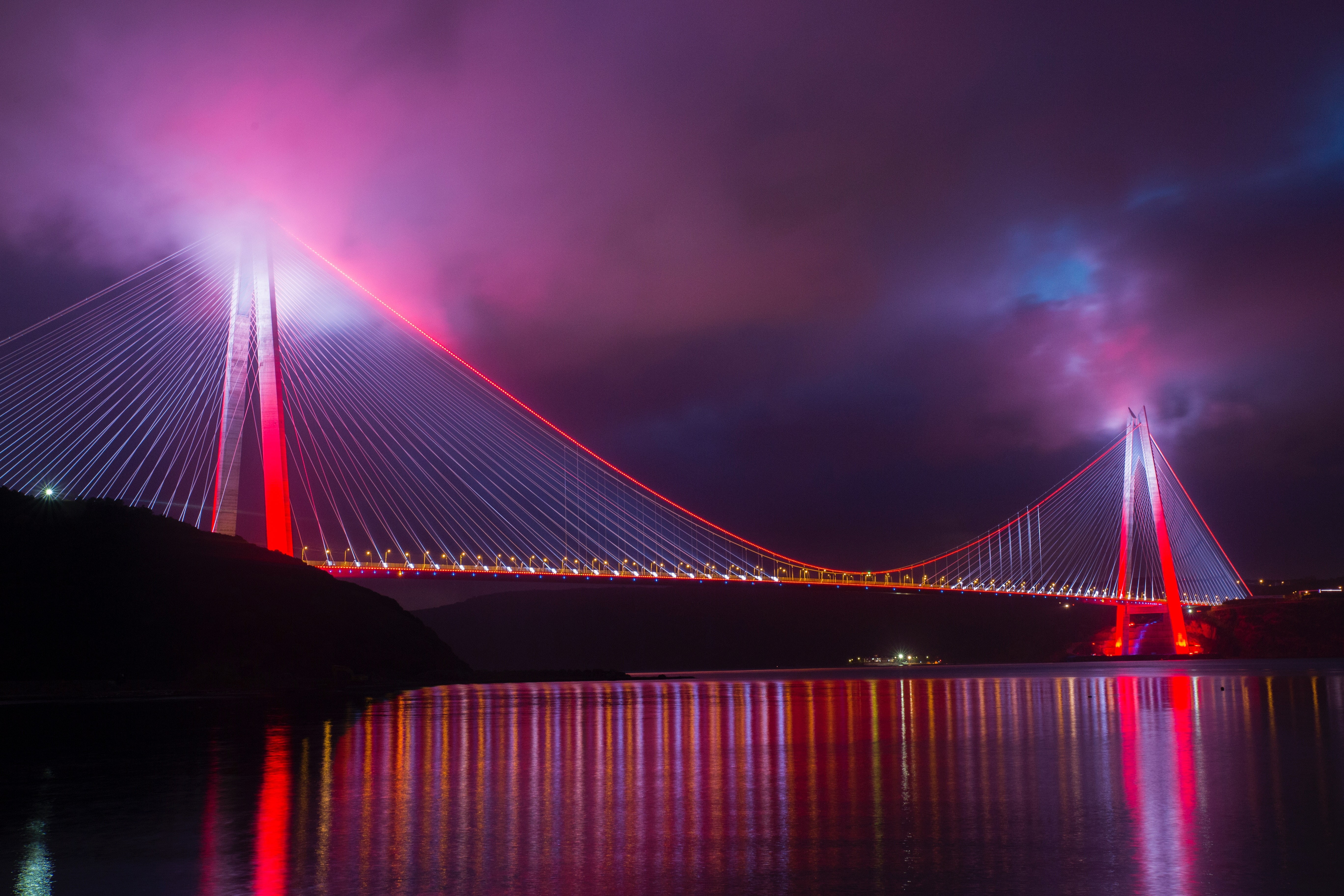 5K, Yavuz Sultan Selim Bridge, Suspension bridge, 5K, Night, Istanbul, Purple, Turkey, HD Wallpaper