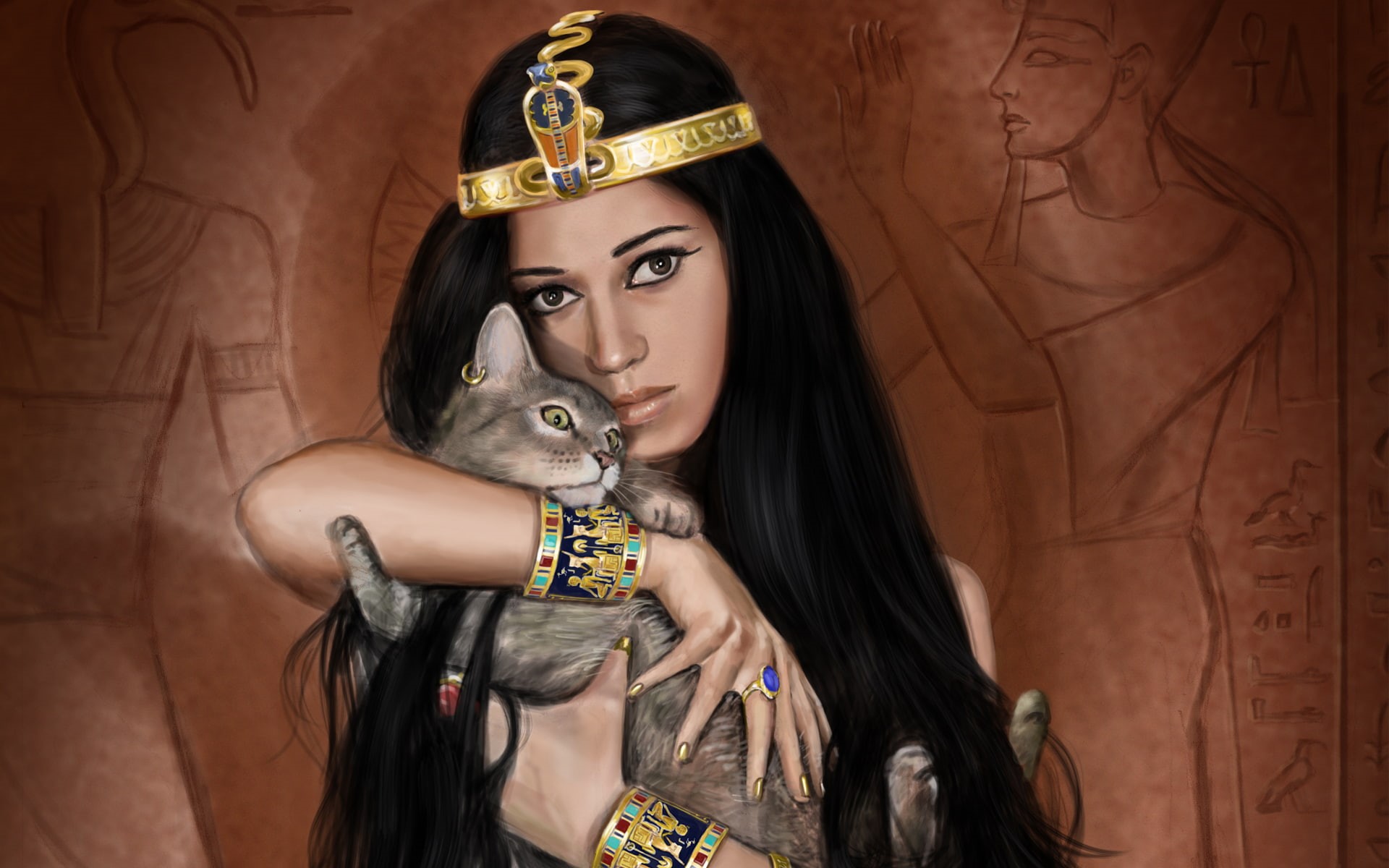 artwork, cat, fantasy Art, Fantasy girl, illustration, isis, egypt, 1080P, HD Wallpaper
