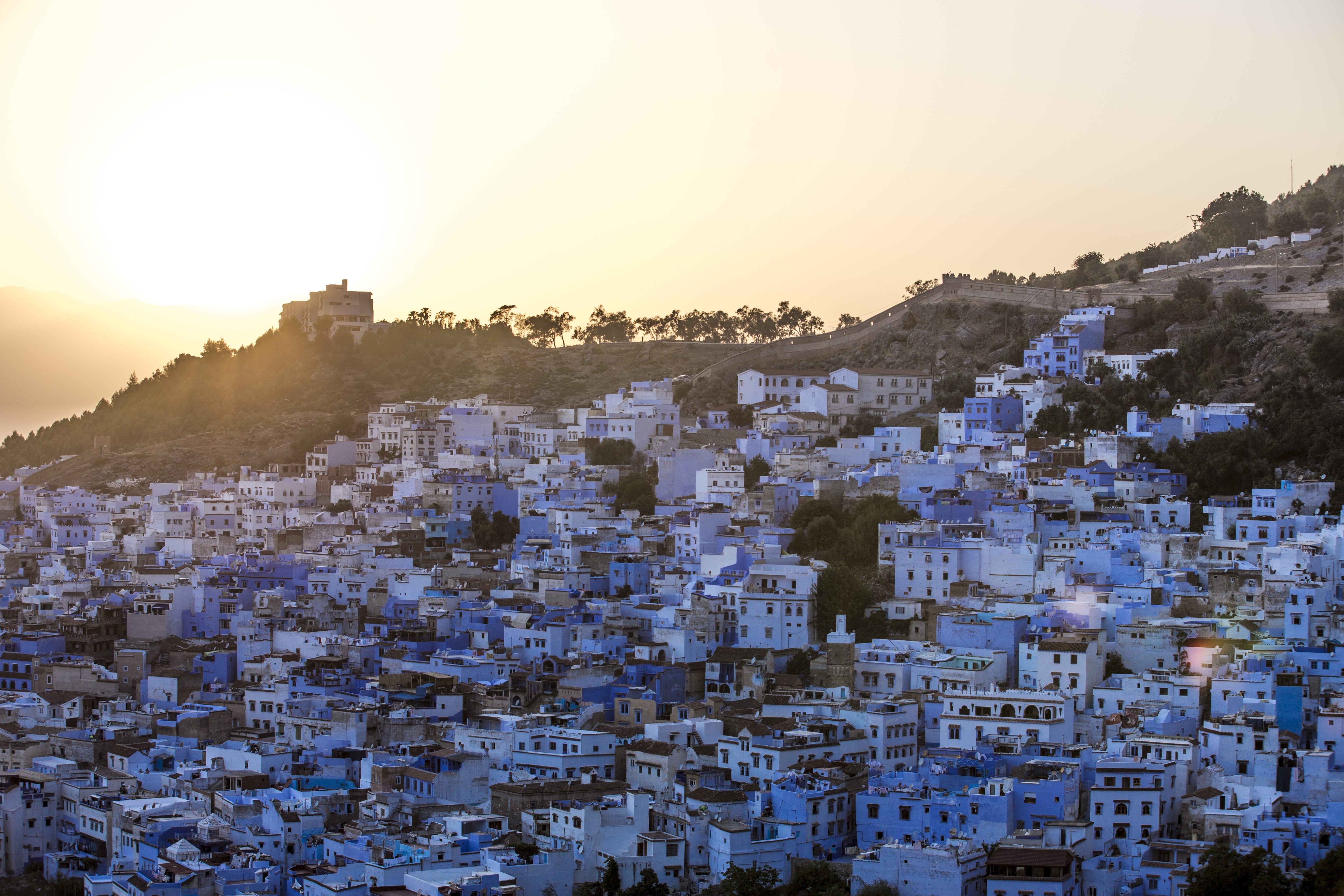 white, moroccan, cityscape, 5K, environment, building, mountain, scenics - nature, building exterior, no people, sunset, outdoors, residential district, HD Wallpaper