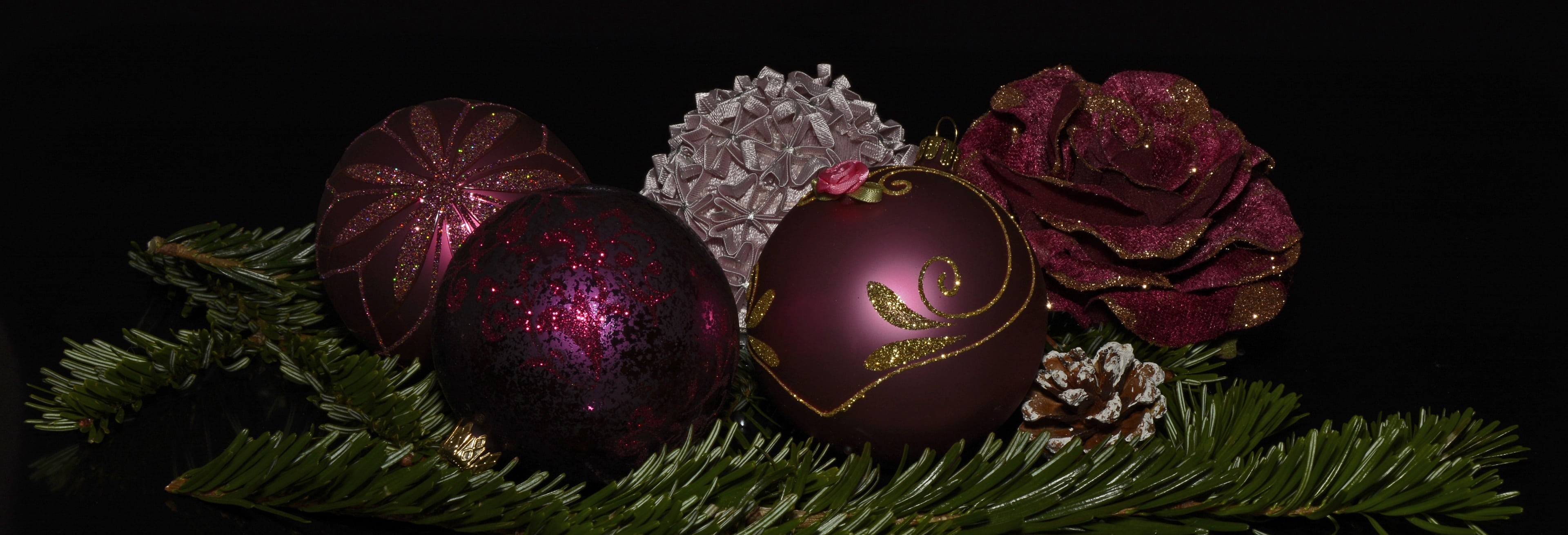 fruit, pink, feast of love, baubles, close-up, celebration, winter, christmas images, christmas, shiny, still life, ornate, decor, no people, red, black background, HD Wallpaper
