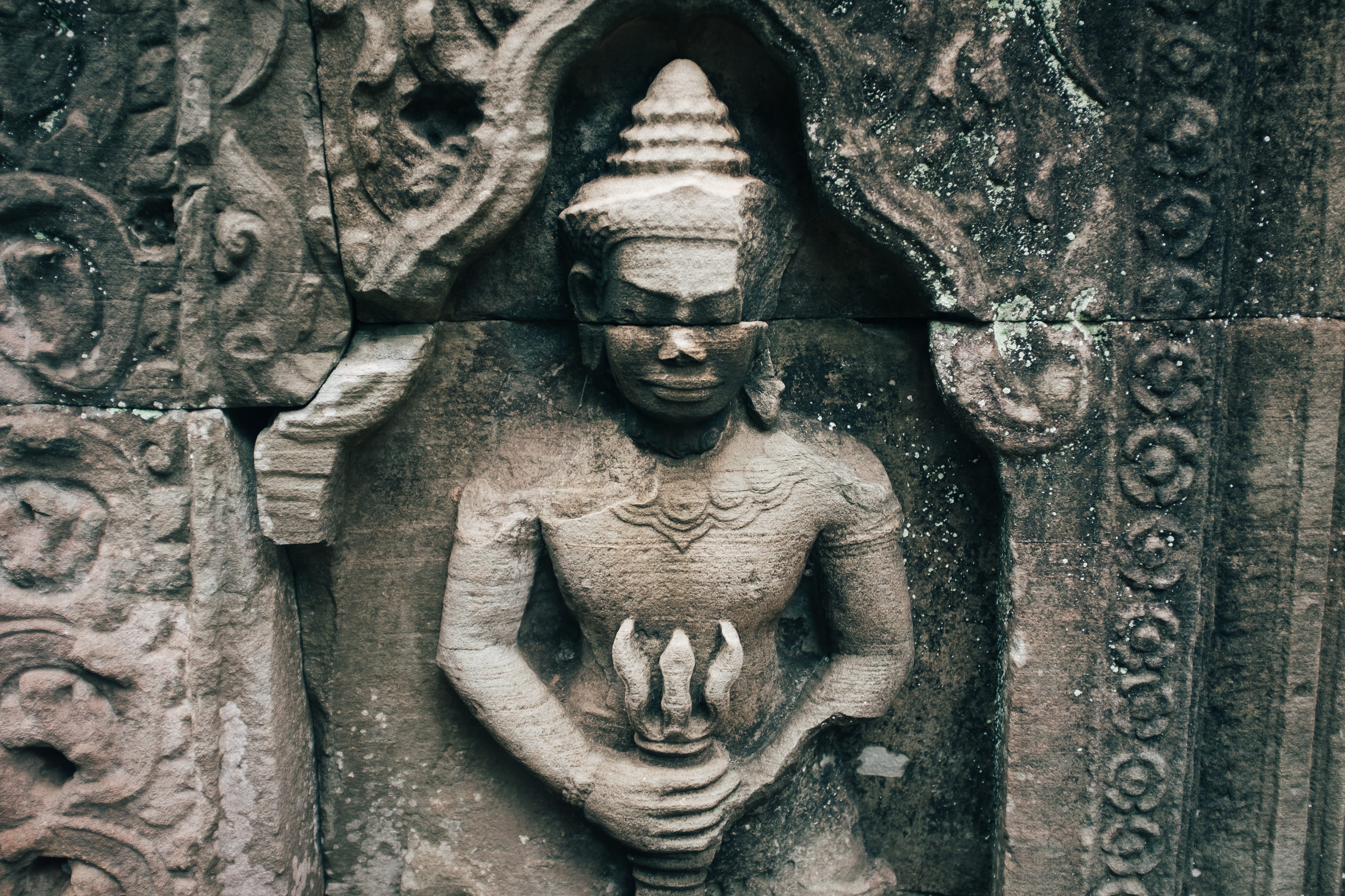 asia, ancient, cambodia, sculpture, history, the past, belief, no people, temple, ruins, spirituality, ruin, carving, representation, creativity, human representation, HD Wallpaper