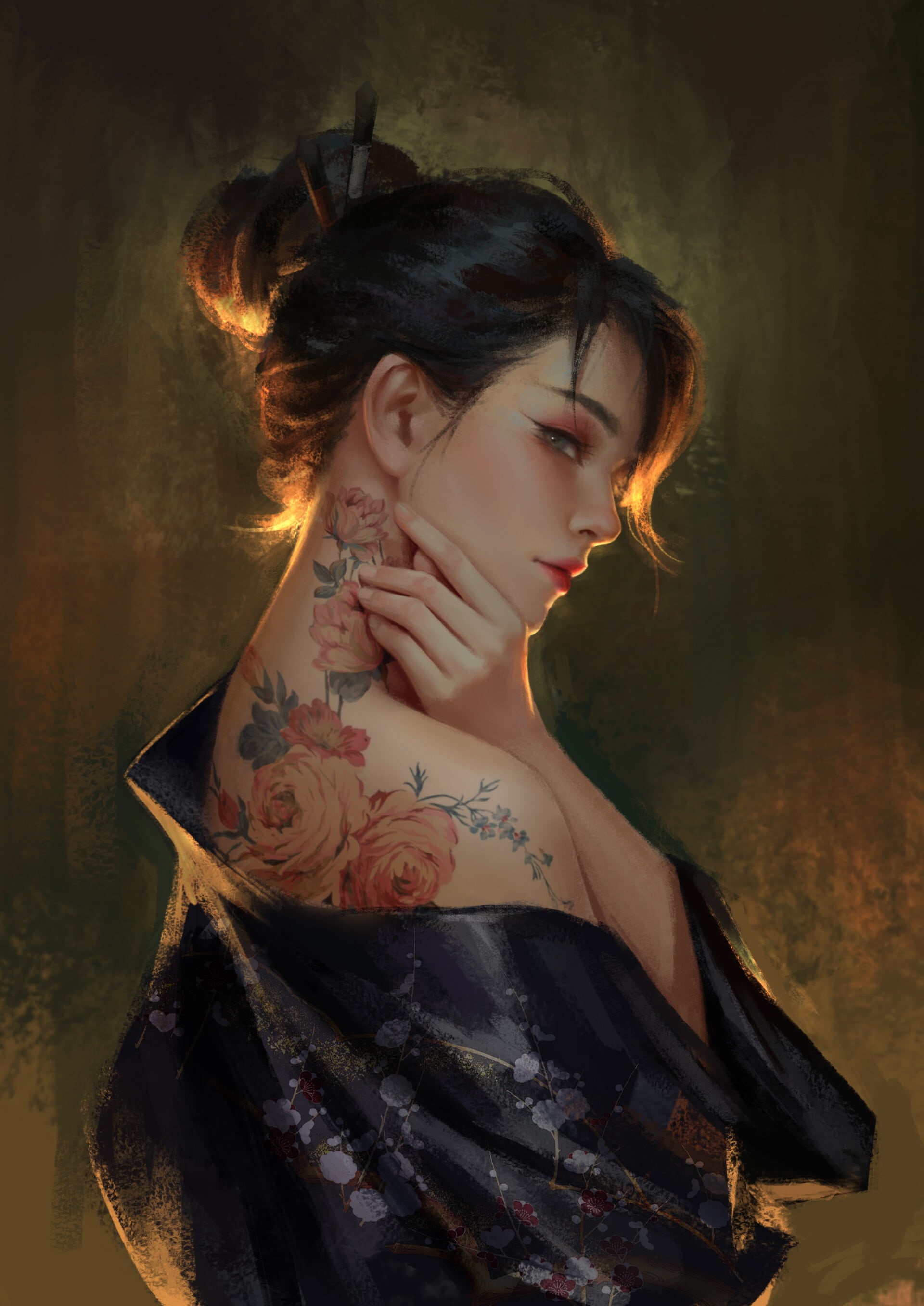eastern, women, flowers, hairbun, 2K, tattoo, kimono, Phone HD Wallpaper