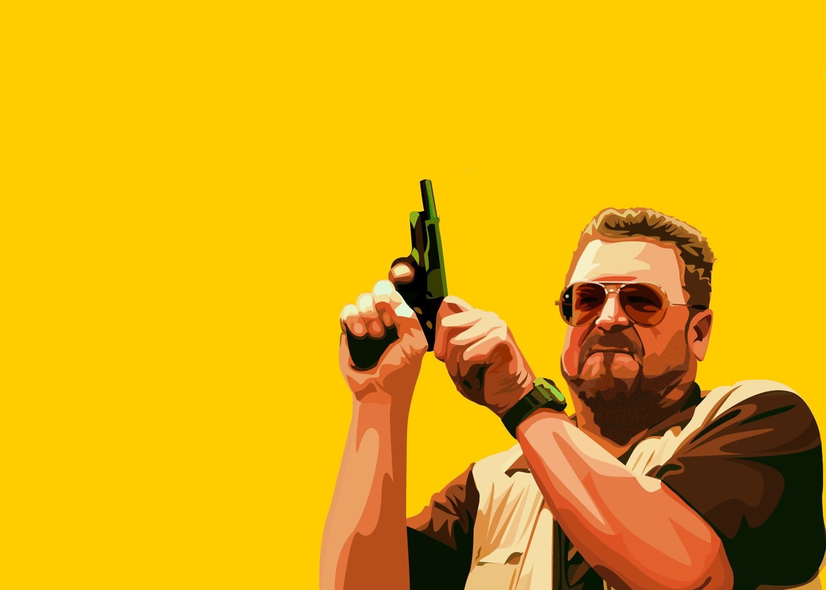 portrait, yellow background, colored background, the big lebowski, glasses, copy space, yellow, studio shot, 720P, orange color, standing, gun, one person, HD Wallpaper