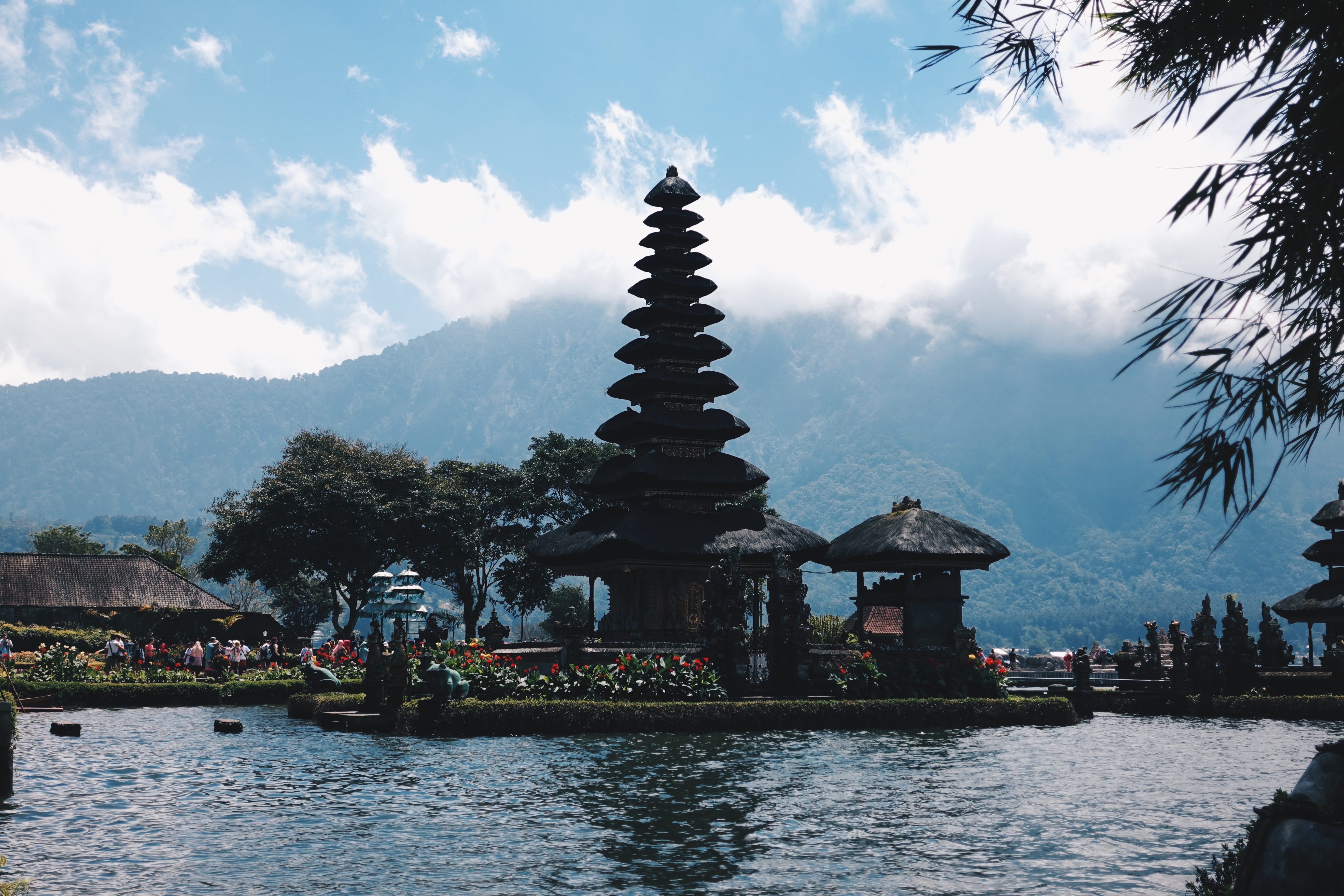 island, water, bratan lake, no people, bali, belief, pura ulun danu bratan, building, nature, waterfront, 5K, spirituality, mountain, temple, cloud - sky, HD Wallpaper