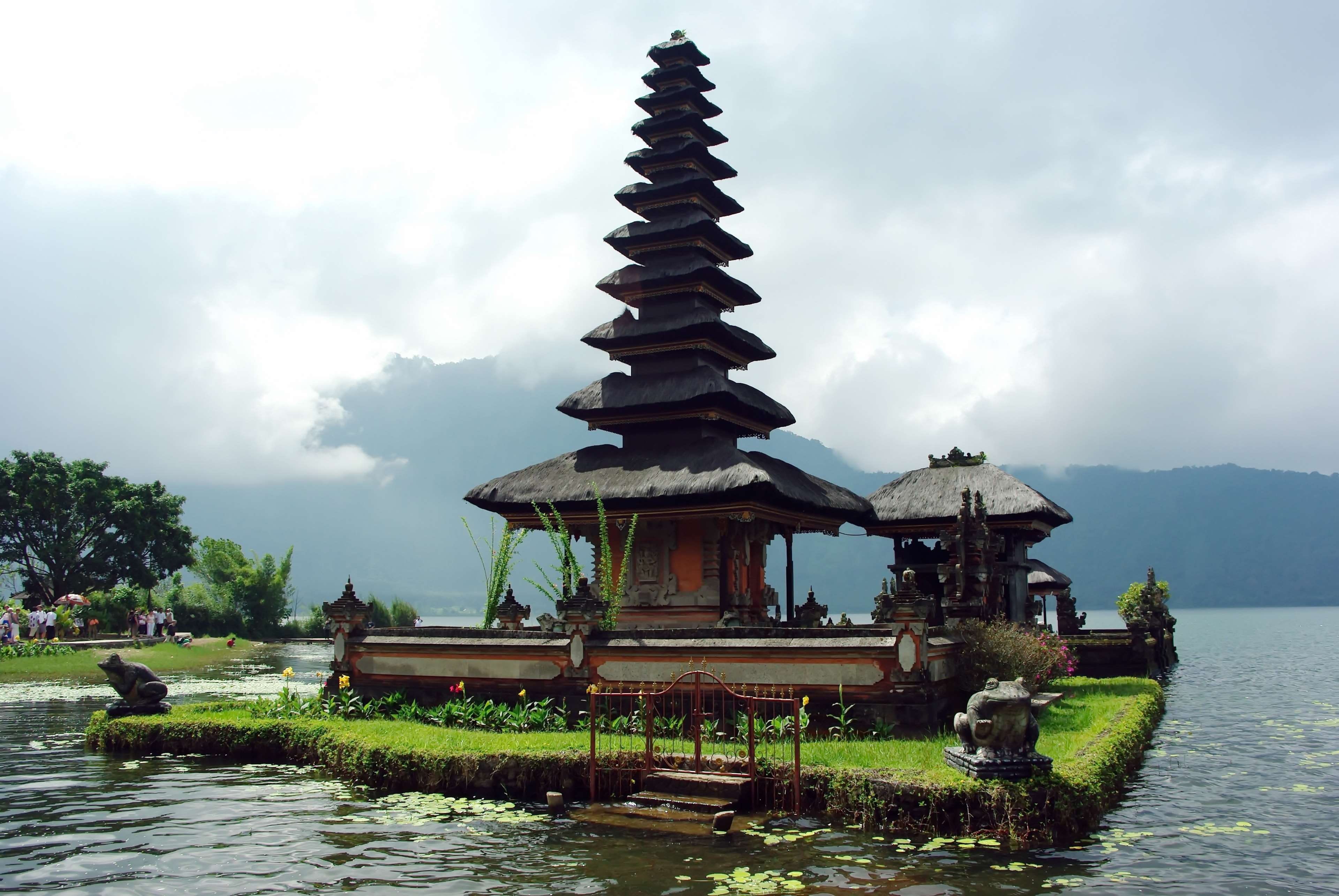 water, temple, building exterior, sky, place of worship, floating on water, indonesia, cloud - sky, building, waterfront, lake, nature, 4K, no people, HD Wallpaper