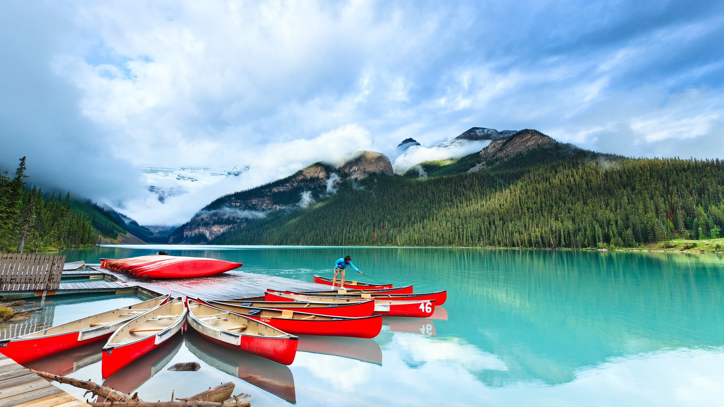 water, watercraft, tree, boat, plant, mode of transportation, lake, red, day, cloud - sky, nautical vessel, personal, mountains, mountain range, tranquility, HD Wallpaper