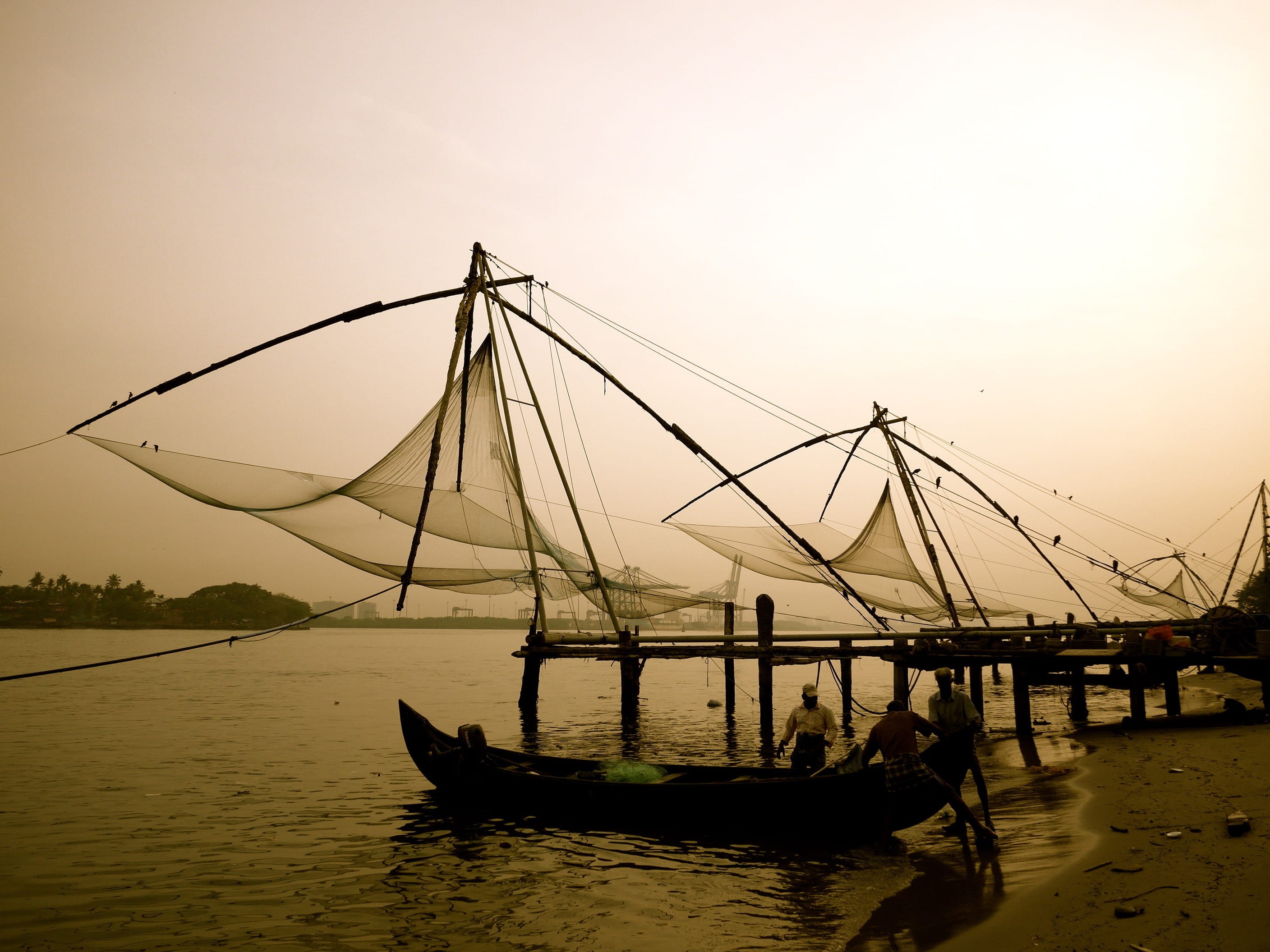 group, sepia, water, mode of transportation, moored, tradition, sunset, cochin, lifestyle, beauty in nature, men, sky, boats, photography, chinese, fishing nets, HD Wallpaper