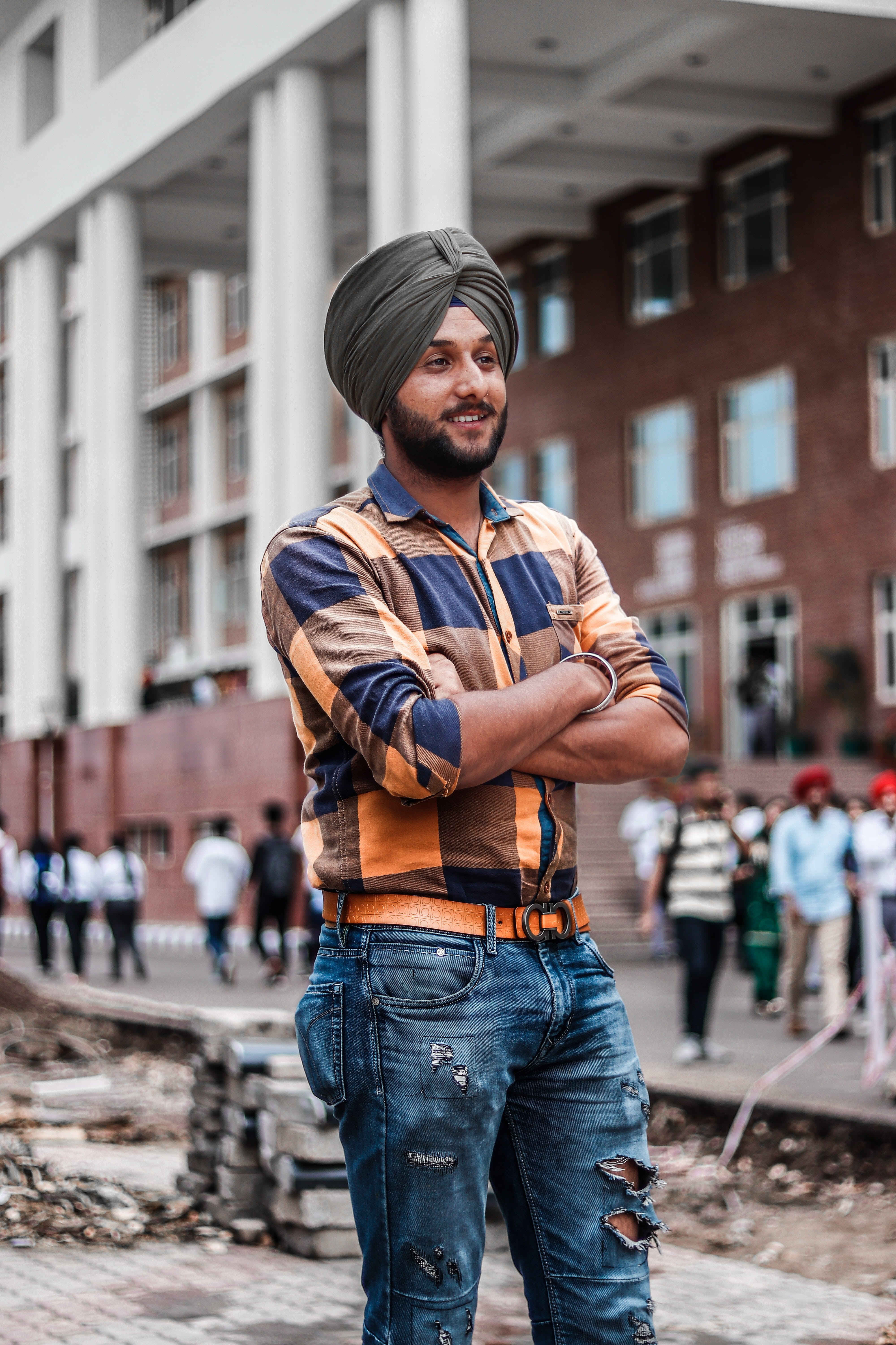 hat, 5K, model, sardar, outdoors, human, black, pants, arms crossed, canon, handsome, person, apparel, front view, turban, one person, focus on foreground, Phone HD Wallpaper